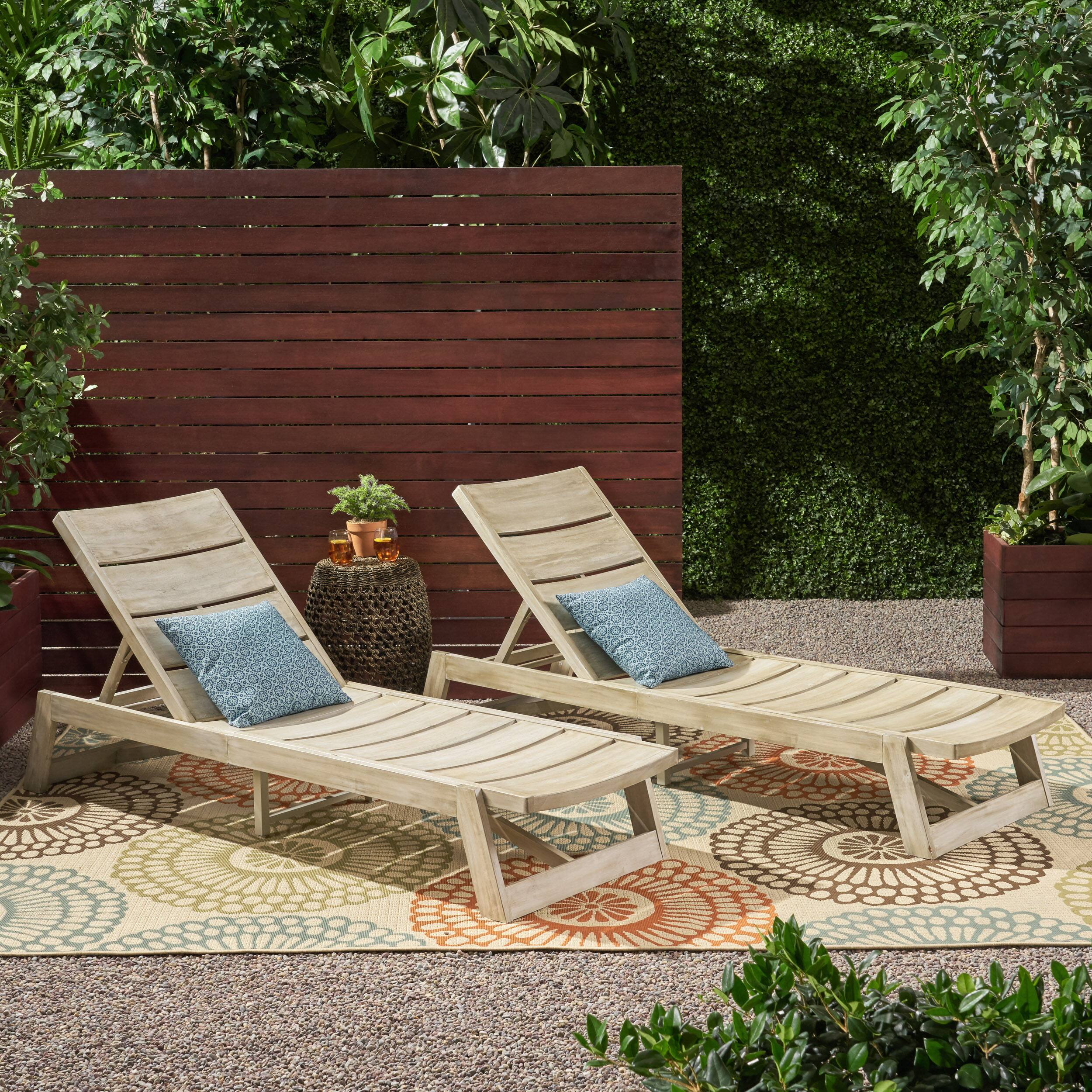 Angle. Mondawe - Set of 2 Outdoor Acacia Wood Chaise Lounge Set - Grey.