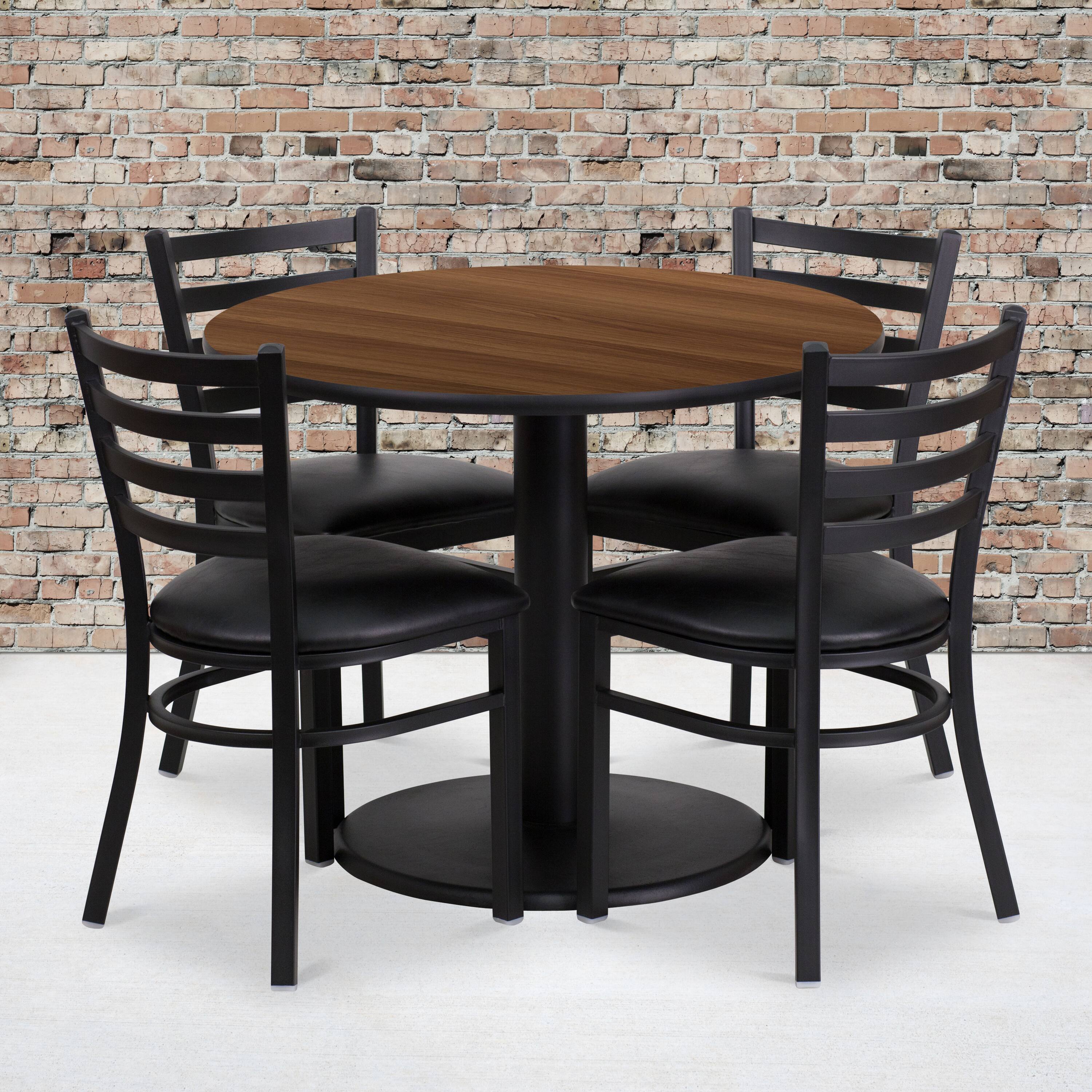 Alt View 1. Emma + Oliver - 36" Round Laminate Table Set with 4 Ladder Back Metal Chairs - Walnut Top/Black Vinyl Seat.