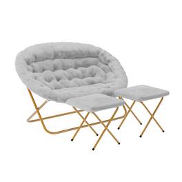 Emma + Oliver - Janey Folding Double Saucer Chair with 2 Ottomans and Steel Frame for Dorm or Bedroom - Gray Fabric/Soft Gold Frame