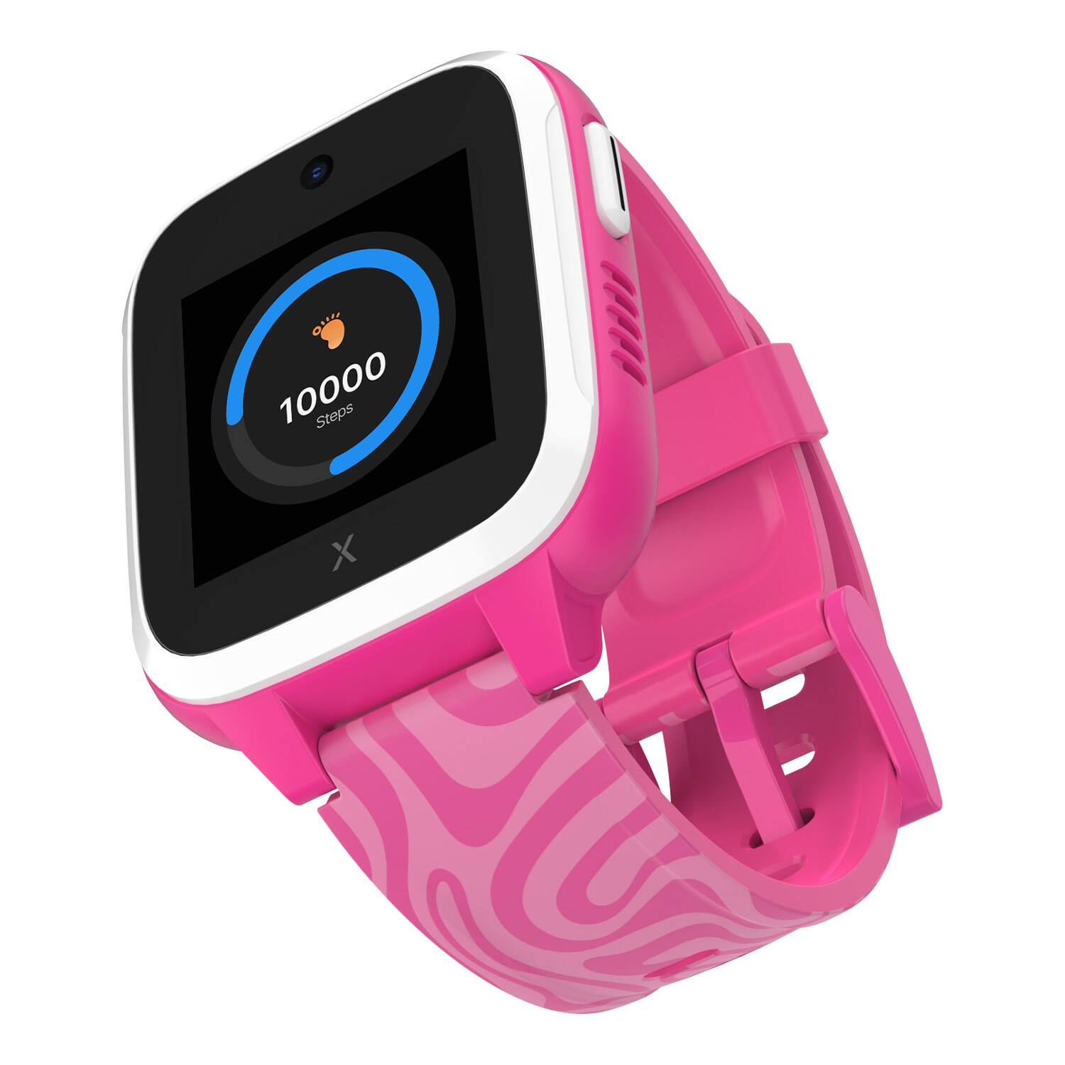 The image displays a pink watch with a pink band, which shows a goal of 100,000 steps. The watch is designed to help users track their progress towards this goal.