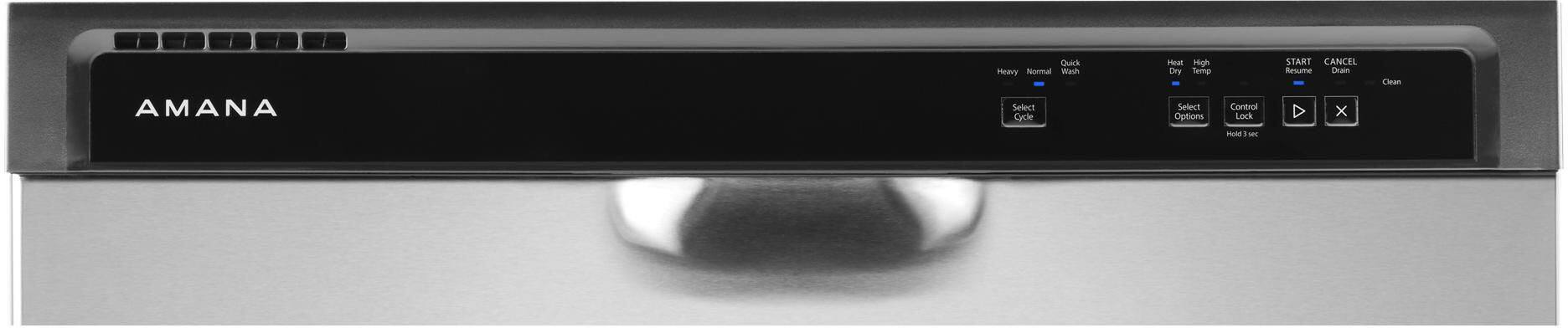 Quick Heavy Normal Wash Heat High Dry Sering START CANCEL Resume Drain Clean AMANA Select Cycle Select Options Control Lock Hold 3 sec