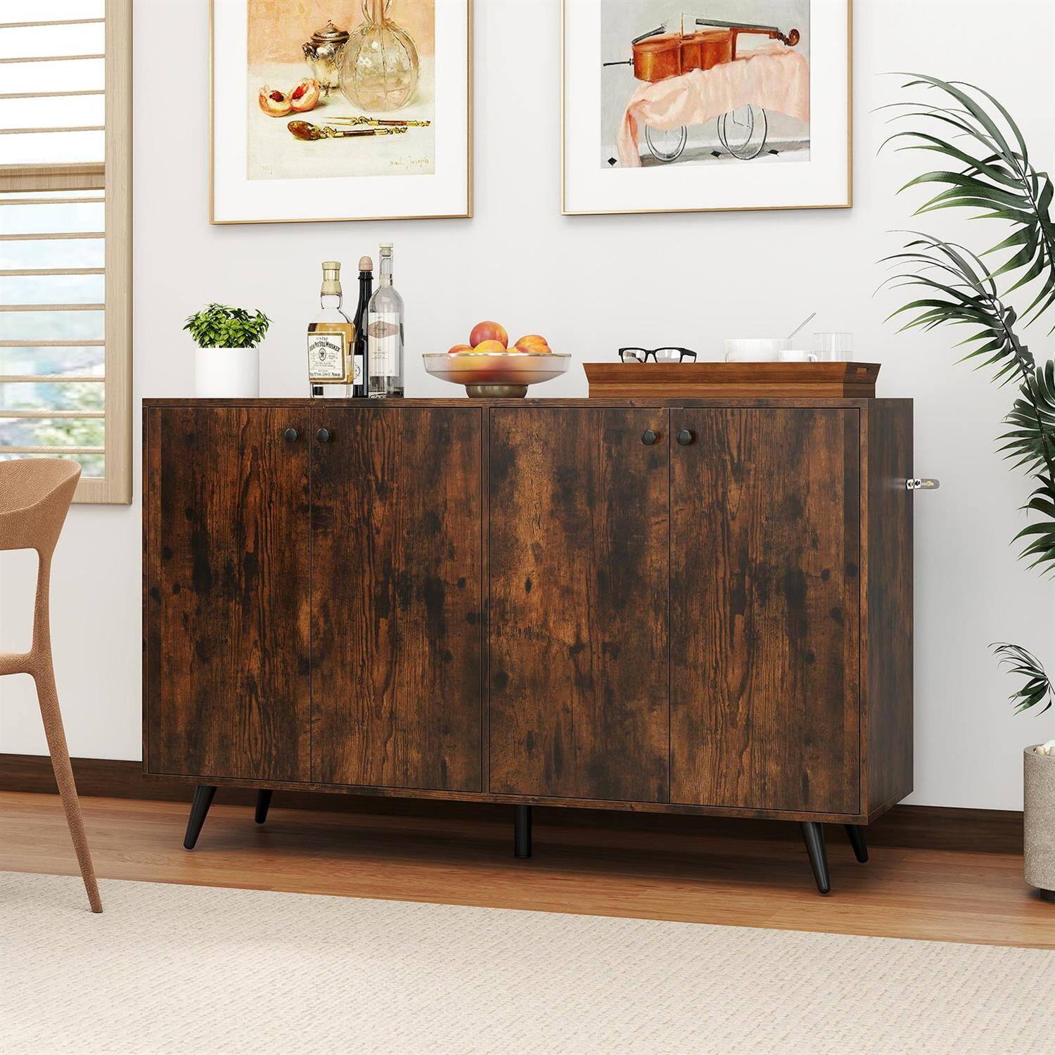 Alt View 2. Pefilos - Mid-Century Modern Sideboard,4-Door 2 Adjustable Shelves,5-Leg Support Anti-Tip,Rustic Brown & Black - Brown.