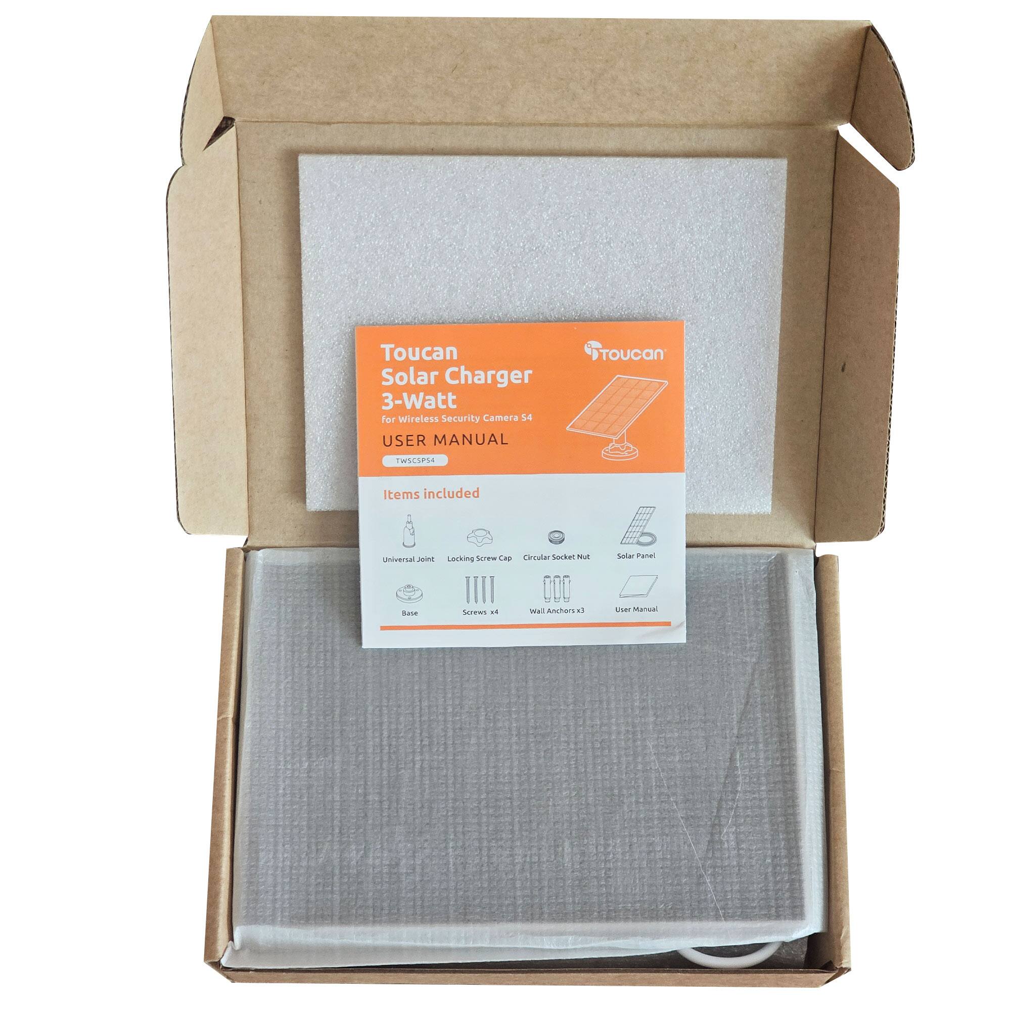 Toucan Solar Charger 3-Watt for Wireless Security Camera User Manual

Items included:
- Universal Joint
- Locking Screw Cap
- Base
- Screws x 4
- Circular Socket Nut
- Solar Panel
- Wall Anchors x 2
- User Manual