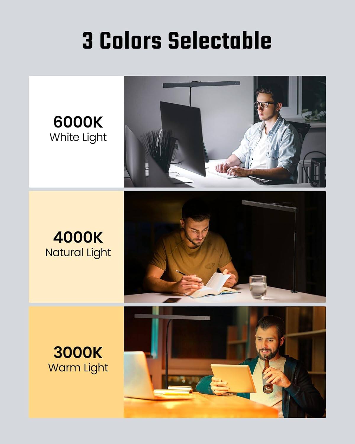 3 Colors Selectable

6000K  
White Light

4000K  
Natural Light

3000K  
Warm Light