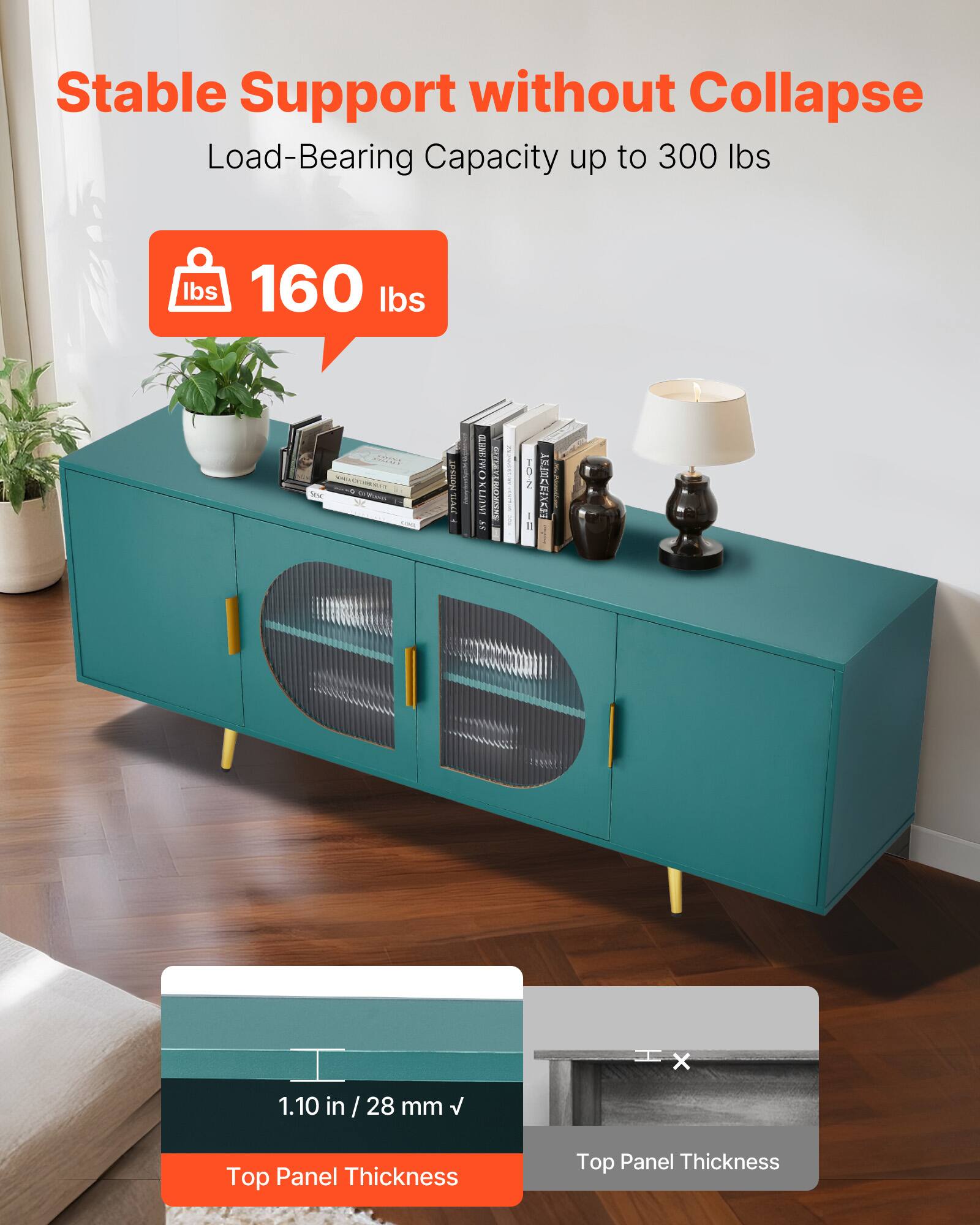 Stable Support without Collapse  
Load-Bearing Capacity up to 300 lbs  
160 lbs  
Top Panel Thickness: 1.10 in / 28 mm