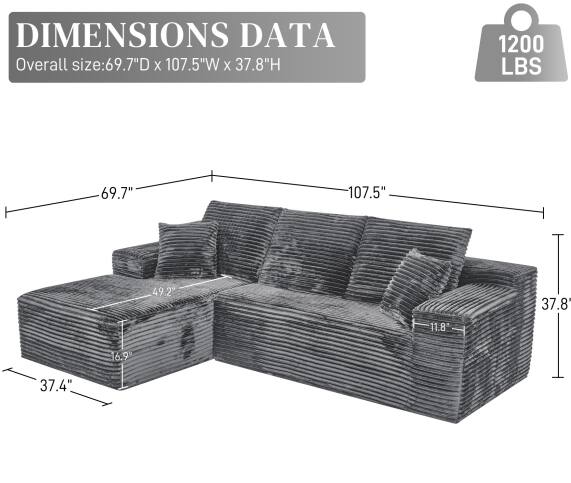 DIMENSIONS DATA  
Overall size: 69.7"D x 107.5"W x 37.8"H  
1200 LBS  
69.7"  
107.5"  
49.2"  
37.8"  
11.8"  
16.9"  
37.4"