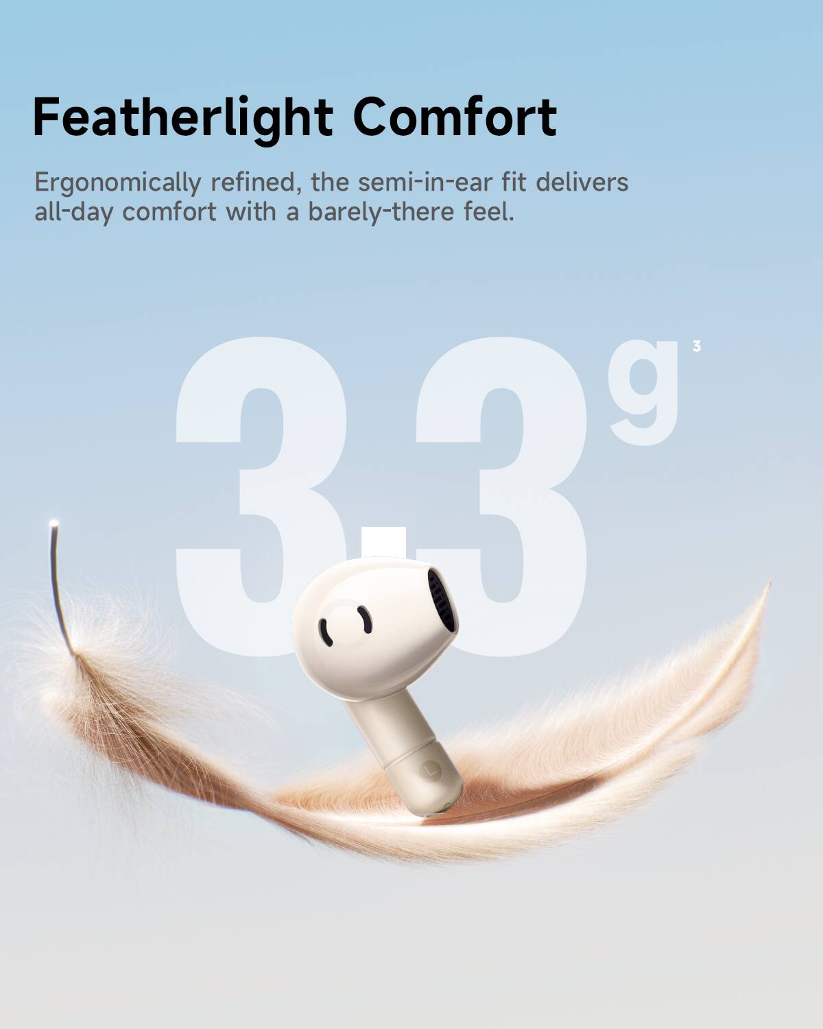 Featherlight Comfort

Ergonomically refined, the semi-in-ear fit delivers all-day comfort with a barely-there feel.

3.3g