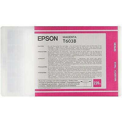 EPSON  
MAGENTA  
T603B  

CAUTION  
De mot of of For PRECAUTION of De of EPSON VORSICHT 6 PRECAUCIN ATTENZIONE aprine the de Tinstaier Y wor Gebrauch ou , Agita Bien el cartucho instatario I la cartuccia d de innertat 220 T6038 MAGENTA  

Shake the cartridge well before use. (Agita Bien el cartucho antes de usar) (Shake the cartridge well before use) (Vor dem Gebrauch gut schütteln) (Précaution: Secouez le cartouche avant utilisation) (Precauzione: Agitare bene il cartuccia prima di utilizzare)  

220