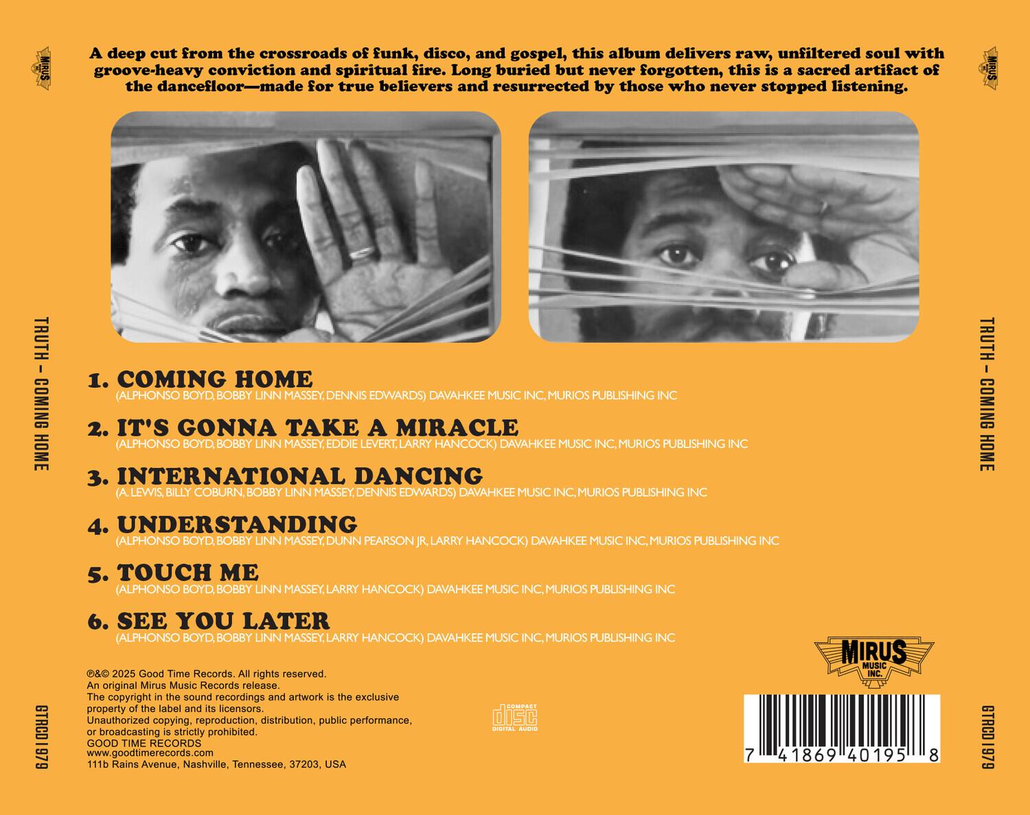 A deep cut from the crossroads of funk, disco, and gospel, this album delivers raw, unfiltered soul with groove-heavy conviction and spiritual fire. Long buried but never forgotten, this sacred artifact of the dancefloor—made for true believers and resurrected by those who never stopped listening.

1. COMING HOME  
   (ALPHONSO BOYD, BOBBY LINN MASSEY, DENNIS EDWARDS)  
   DAVAHKEE MUSIC INC., MURIOS PUBLISHING INC

2. IT'S GONNA TAKE A MIRACLE  
   (ALPHONSO BOYD, BOBBY LINN MASSEY, EDDIE LEVERT, LARRY HANCOCK)  
   DAVAHKEE MUSIC INC., MURIOS PUBLISHING INC

3. INTERNATIONAL DANCING  
   (A. LEWIS, BILLY COBURN, BOBBY LINN MASSEY, DENNIS EDWARDS)  
   DAVAHKEE MUSIC INC., MURIOS PUBLISHING INC

4. UNDERSTANDING  
   (ALPHONSO BOYD, BOBBY LINN MASSEY, DUNN PEAR