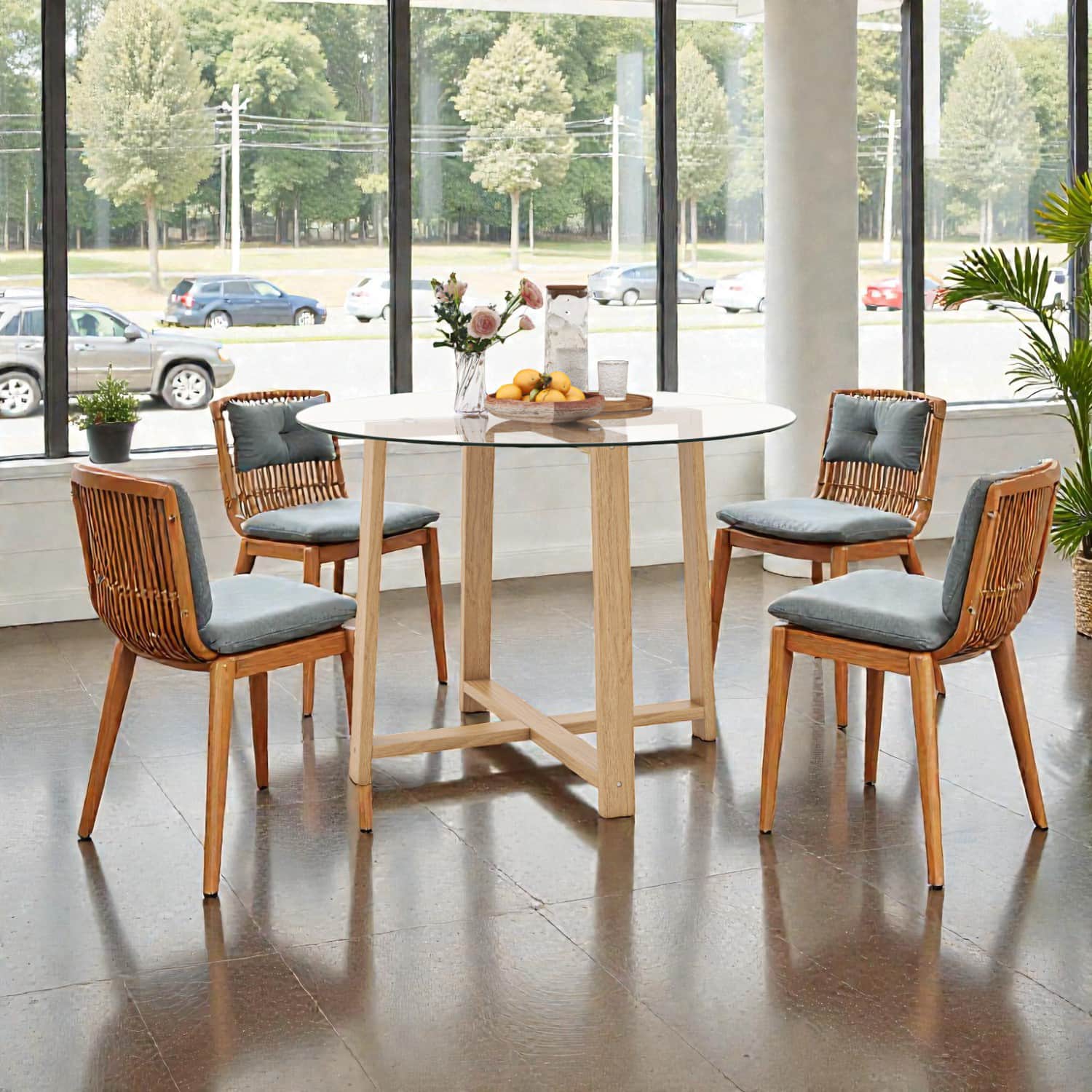 Hivvago - Rubberwood Leg Round Dining Table with 42-Inch Tempered Glass Top - Natural, Transparent