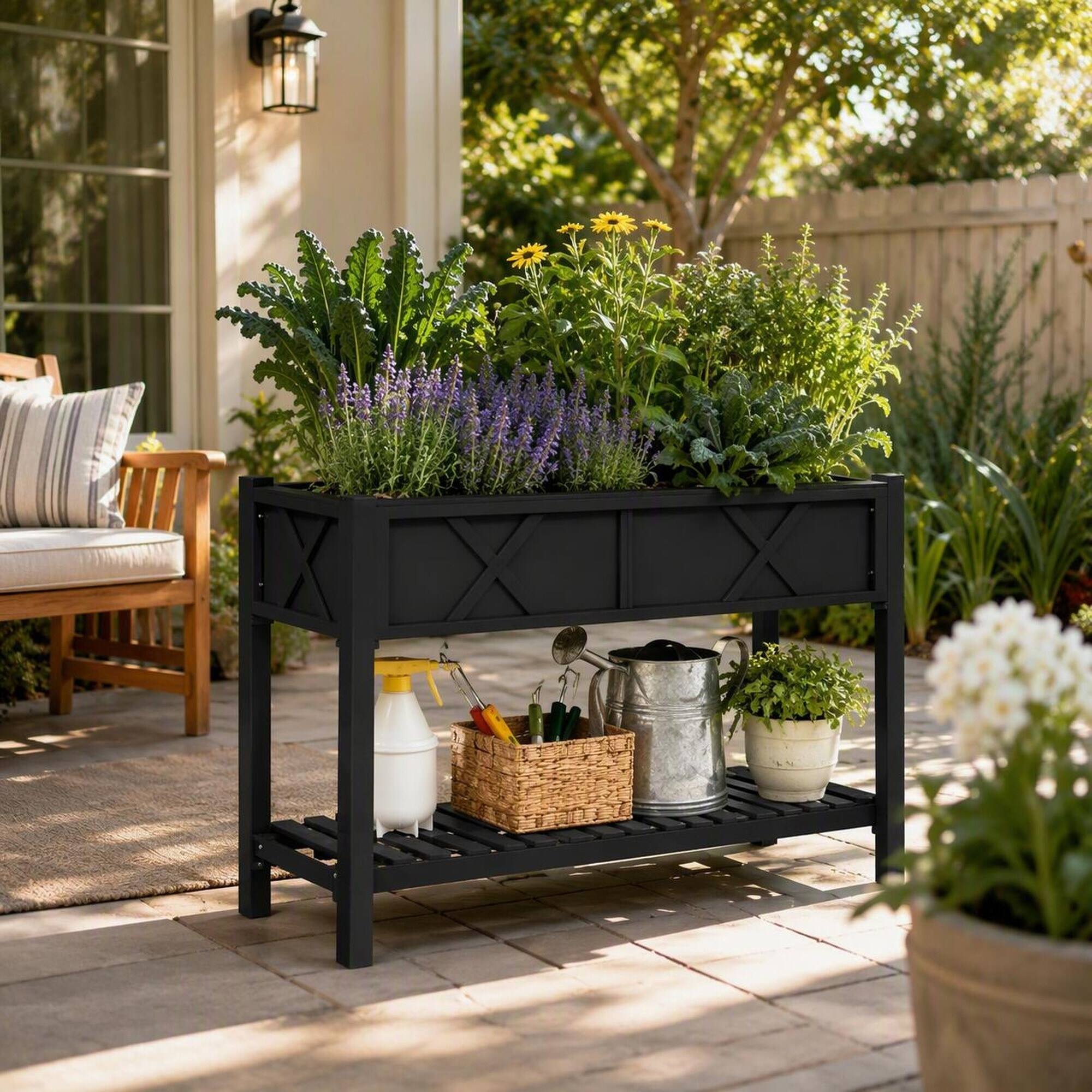 Left. RYHNUYNE - Raised Wooden Planter Box with Storage Shelf, Fir Wood Garden Bed with Drainage Holes and Liner, Black - Black.