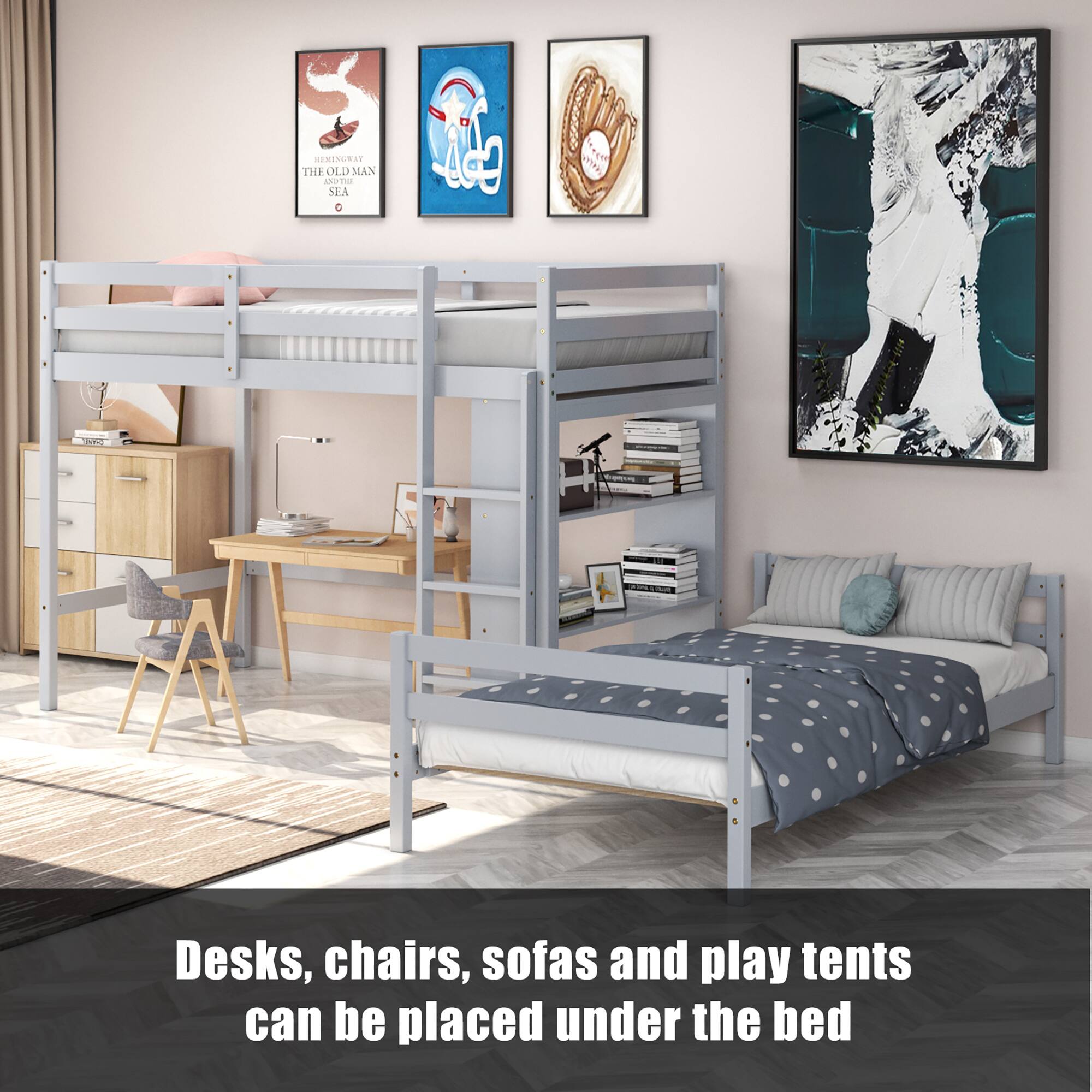 Desks, chairs, sofas and play tents can be placed under the bed