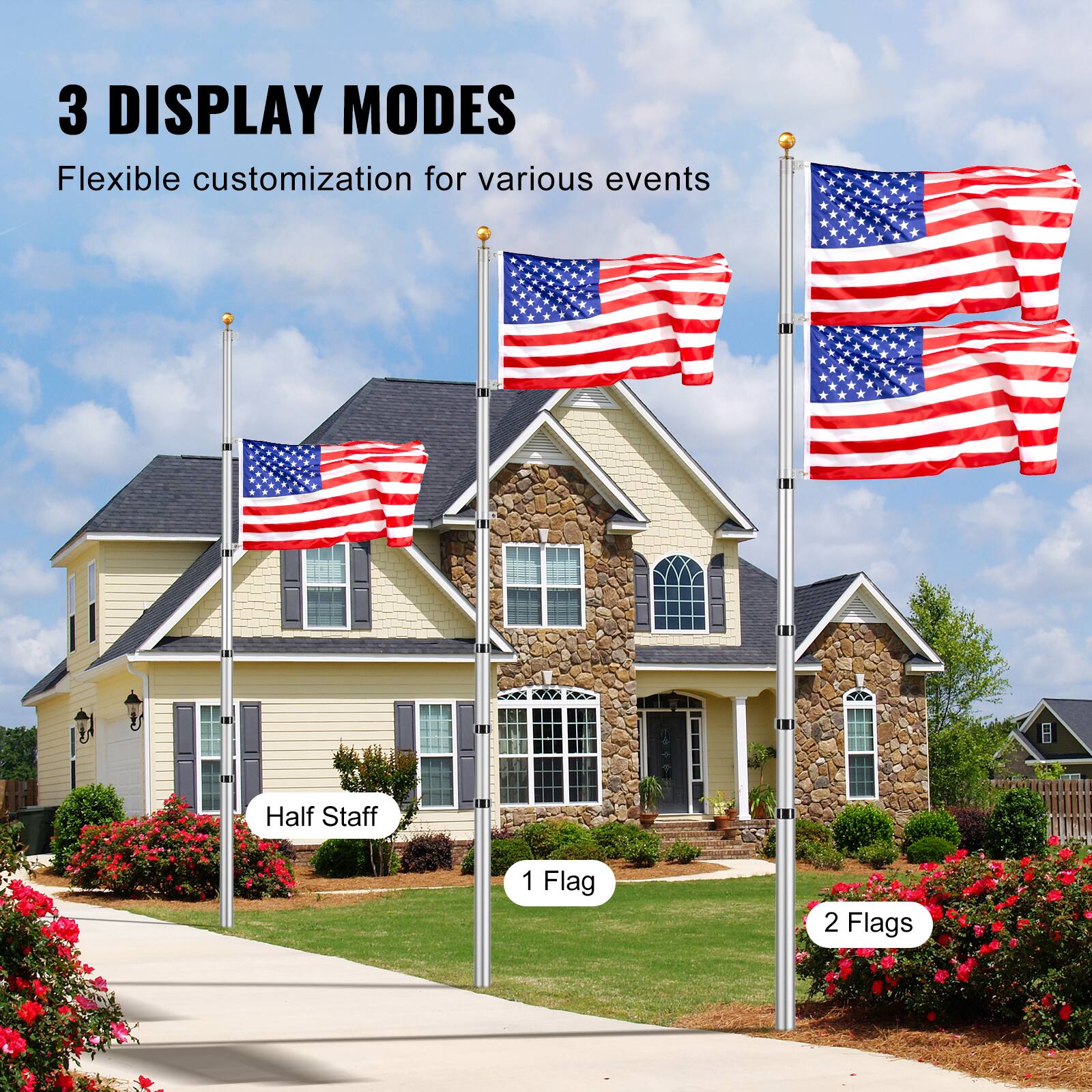 3 DISPLAY MODES  
Flexible customization for various events  

- Half Staff  
- 1 Flag  
- 2 Flags