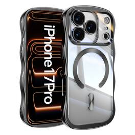 Dteck - Magnetic Case For iPhone 17 Pro With Built-in Lens Protector Shockproof Plating Curly Wavy Frame Clear Back Cover - Black