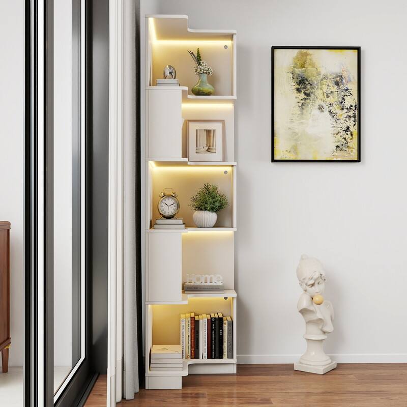 Alt View 1. HTUTWOO - 5-Tier L-Shaped Corner Bookshelf with LED Lights & Anti-Fall Baffles, Space-Saving for Living Room Bedroom Home Office - White.