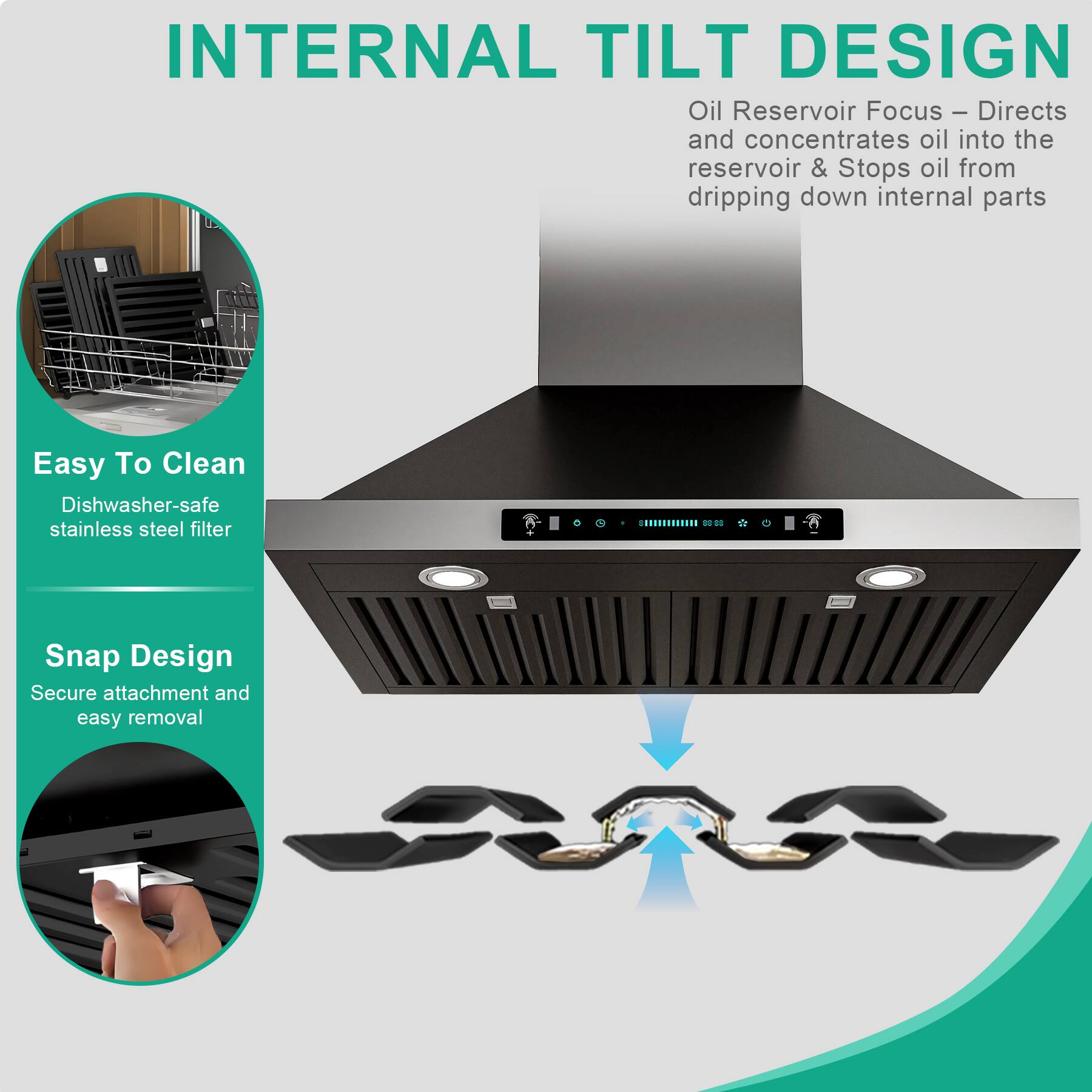 INTERNAL TILT DESIGN

Oil Reservoir Focus – Directs and concentrates oil into the reservoir & Stops oil from dripping down internal parts

Easy To Clean
Dishwasher-safe stainless steel filter

Snap Design
Secure attachment and easy removal