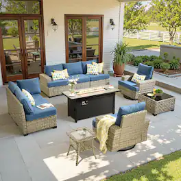 Ovios - 10 PCS Patio Furniture Set Sectional Sofa with Swivel Chair, Coffee Table & 54" Fire Pit Table - Denim Blue