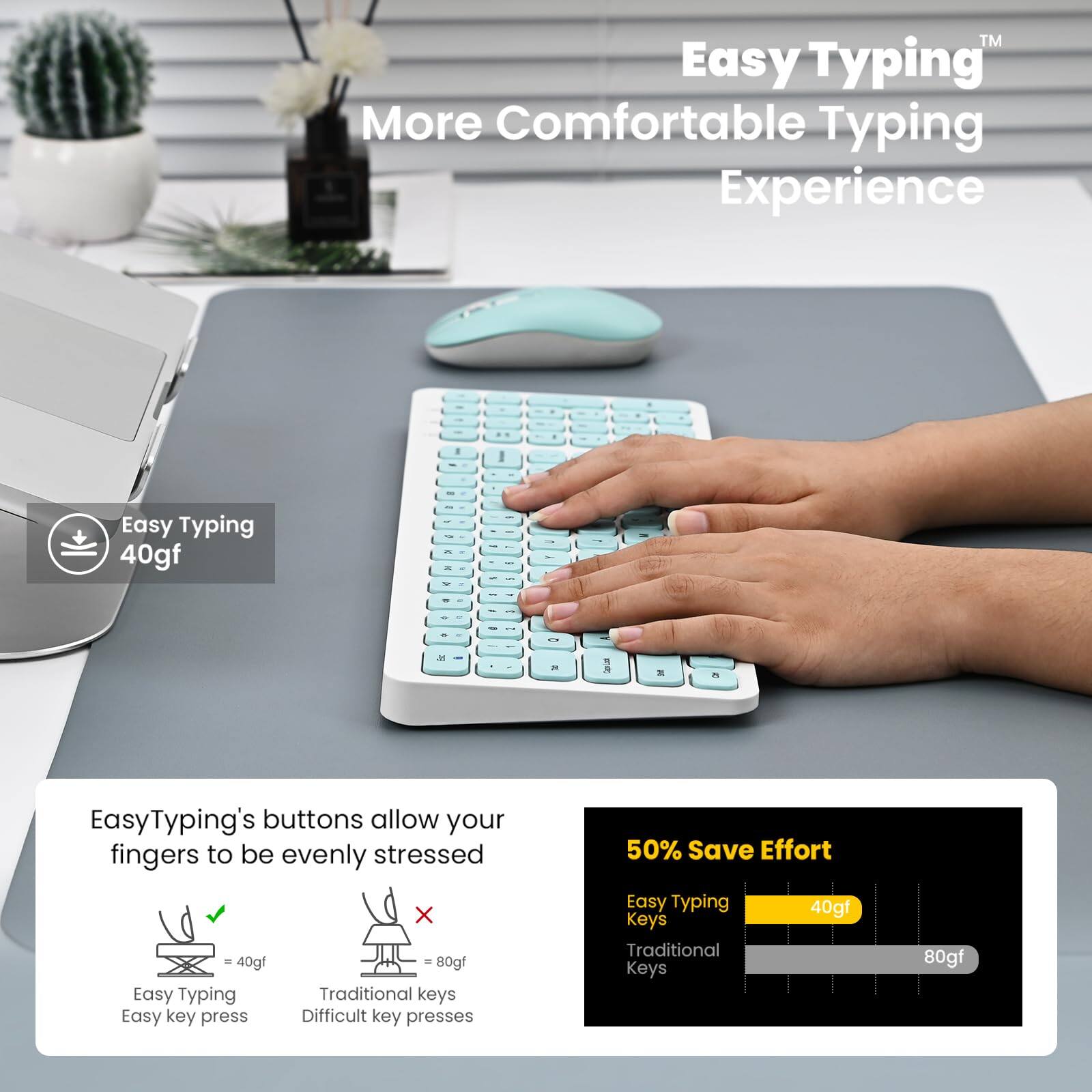 Easy Typing™  
More Comfortable Typing Experience

Easy Typing 40gf

EasyTyping's buttons allow your fingers to be evenly stressed

- Easy Typing = 40gf (Easy key press)
- Traditional keys = 80gf (Difficult key presses)

50% Save Effort

Easy Typing Keys 40gf  
Traditional Keys 80gf