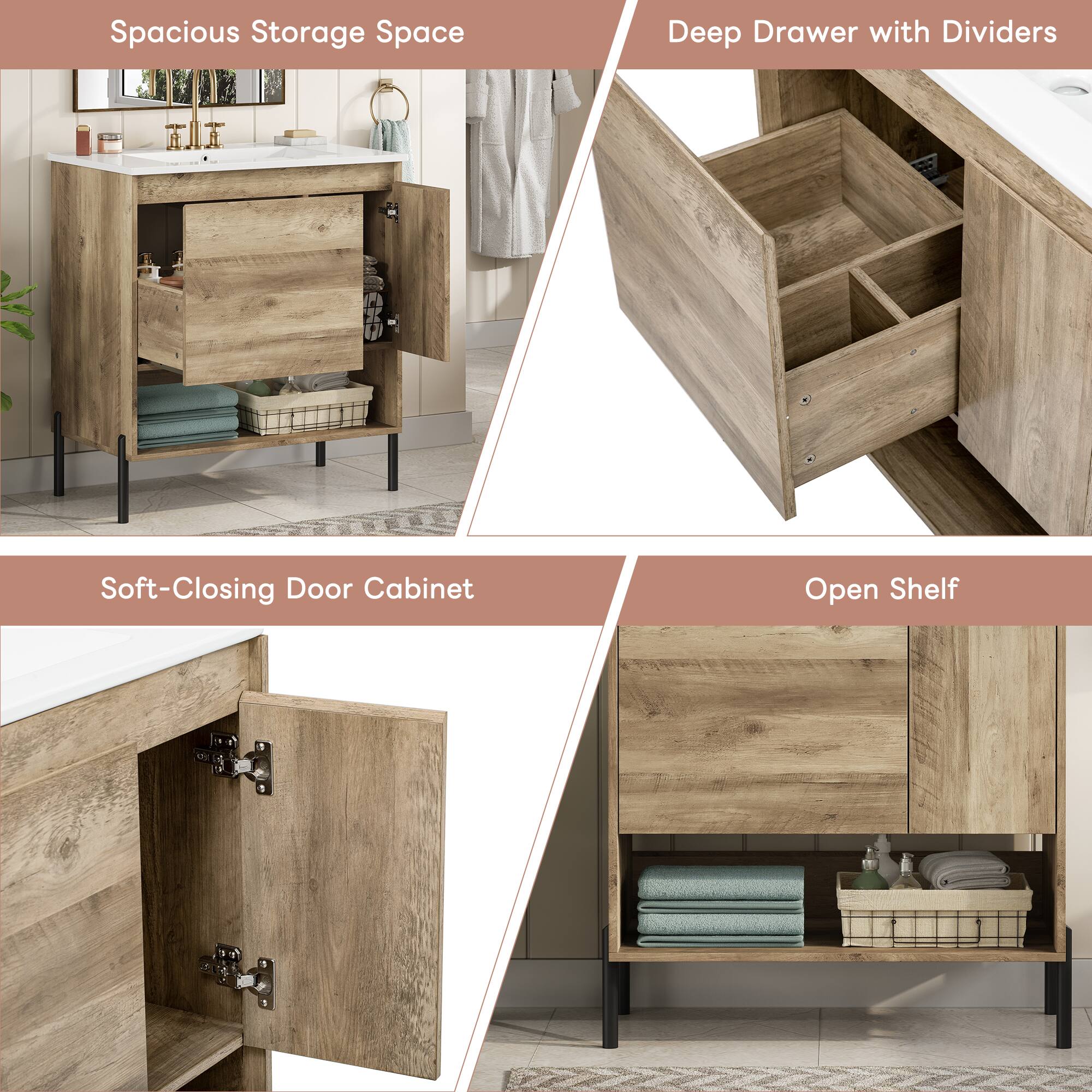 Spacious Storage Space  
Deep Drawer with Dividers  
Soft-Closing Door Cabinet  
Open Shelf