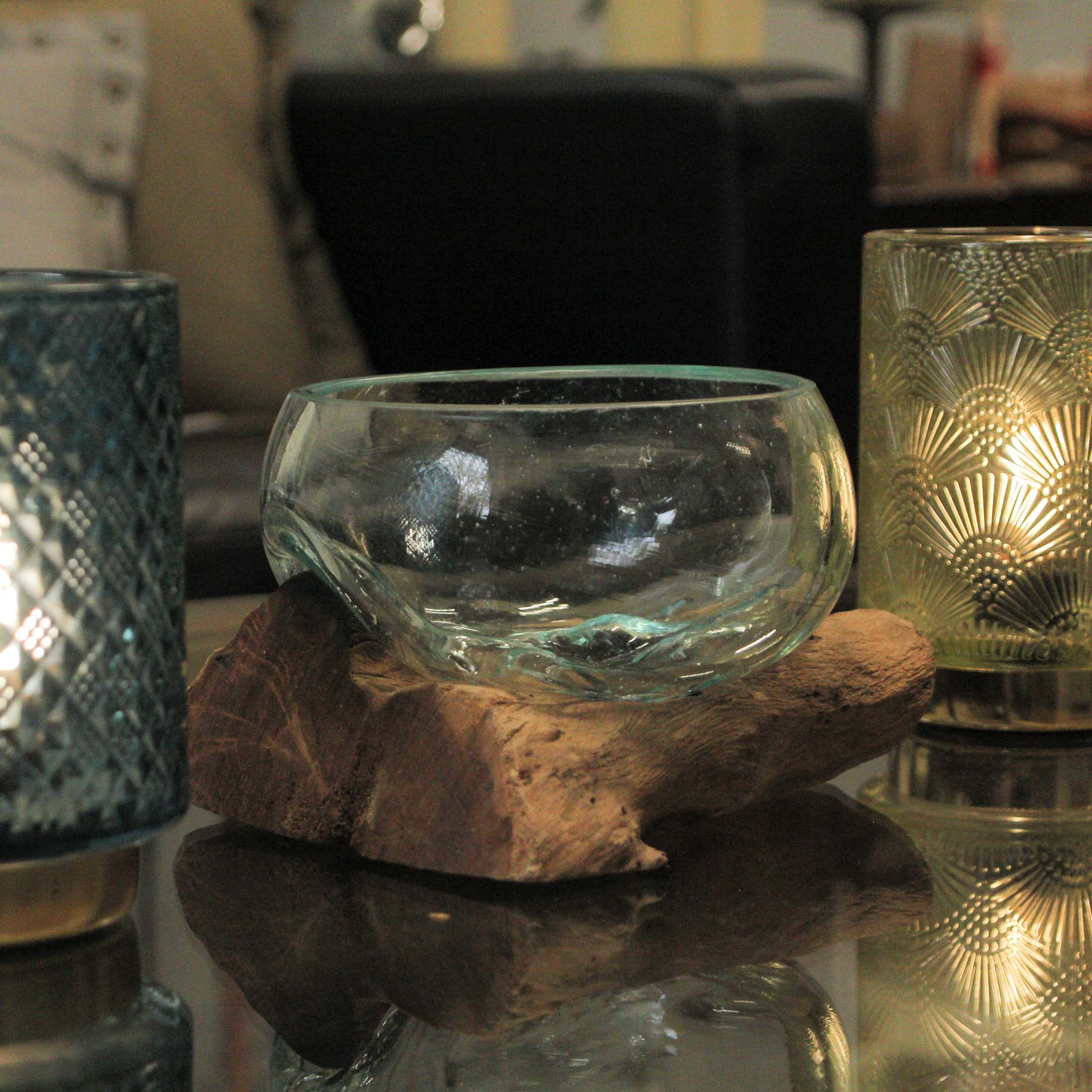 Alt View 4. Chesapeake Bay - Medium Wide Molten Glass on Teak Driftwood Sculptural Vase and Bowl - Brown.