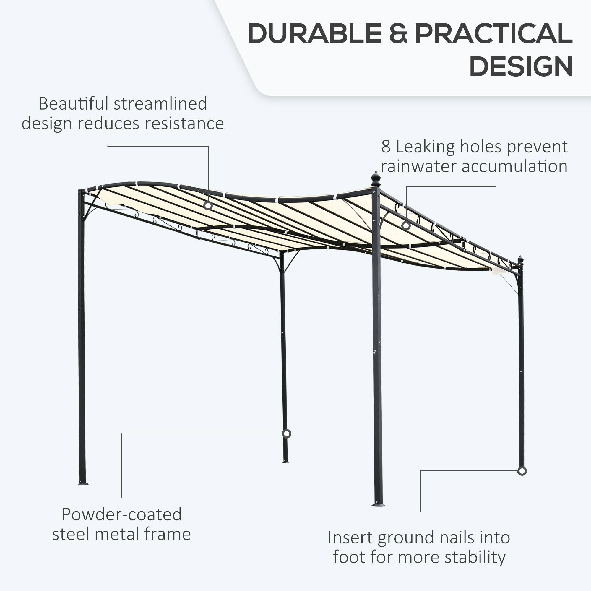 DURABLE & PRACTICAL DESIGN

Beautiful streamlined design reduces resistance
8 Leaking holes prevent rainwater accumulation
Powder-coated steel metal frame
Insert ground nails into foot for more stability