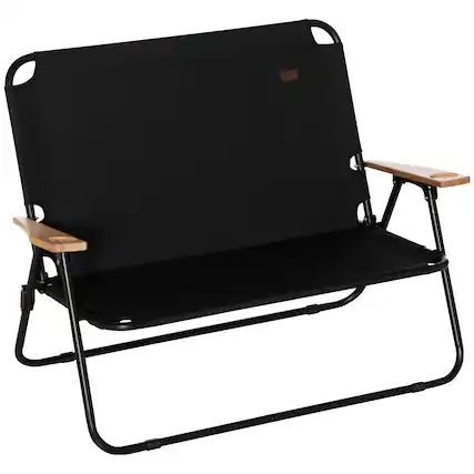 Front. Outsunny - Double Folding Camping Chair, Loveseat for 2 Adults, Portable Camping Couch with Wood Armrest & Cupholders - Black.