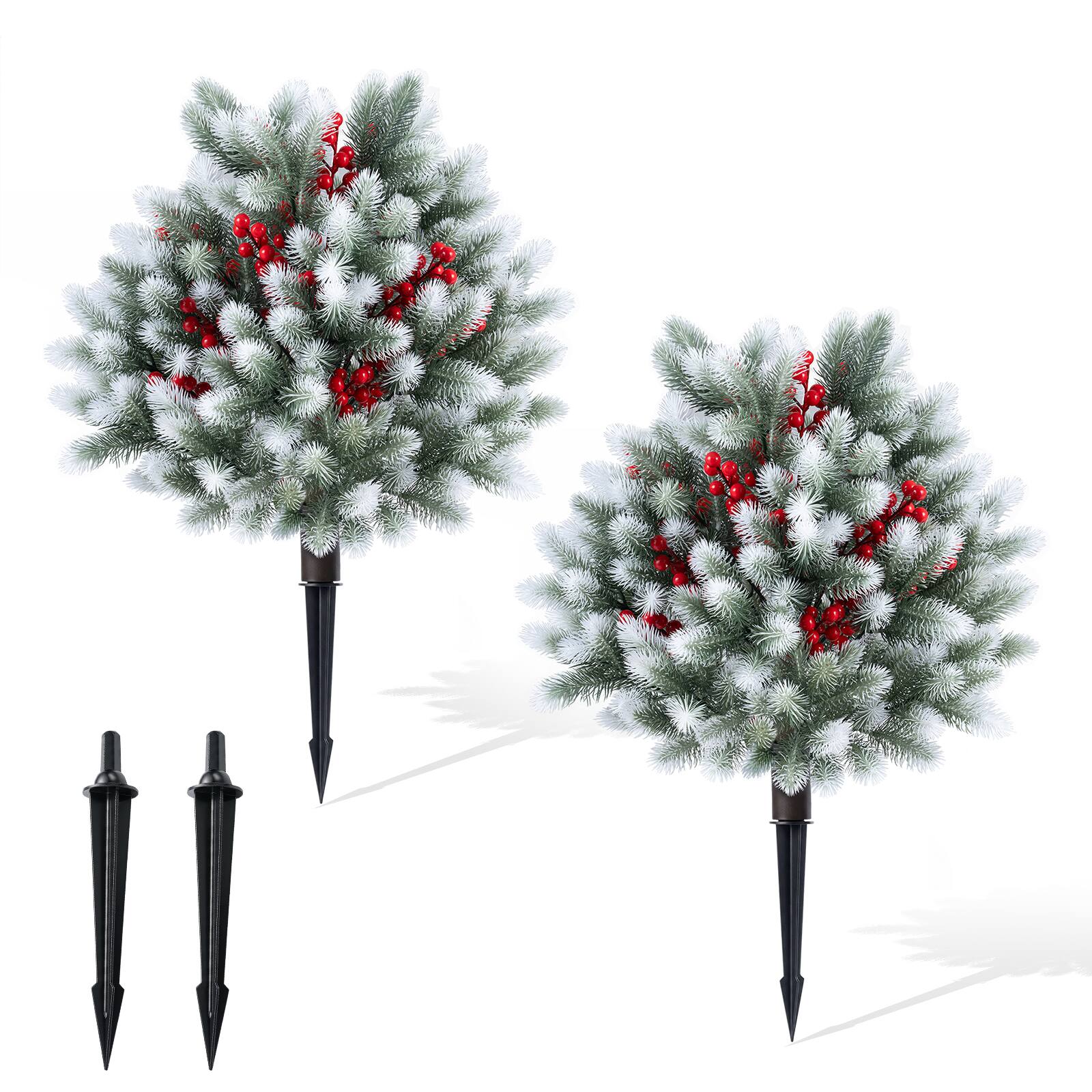 Alt View 9. Costway - Costway 2PCS 27.5" Artificial Cedar Topiary Ball Trees with Ground Spikes, Indoor & Outdoor - Green & White & Red.