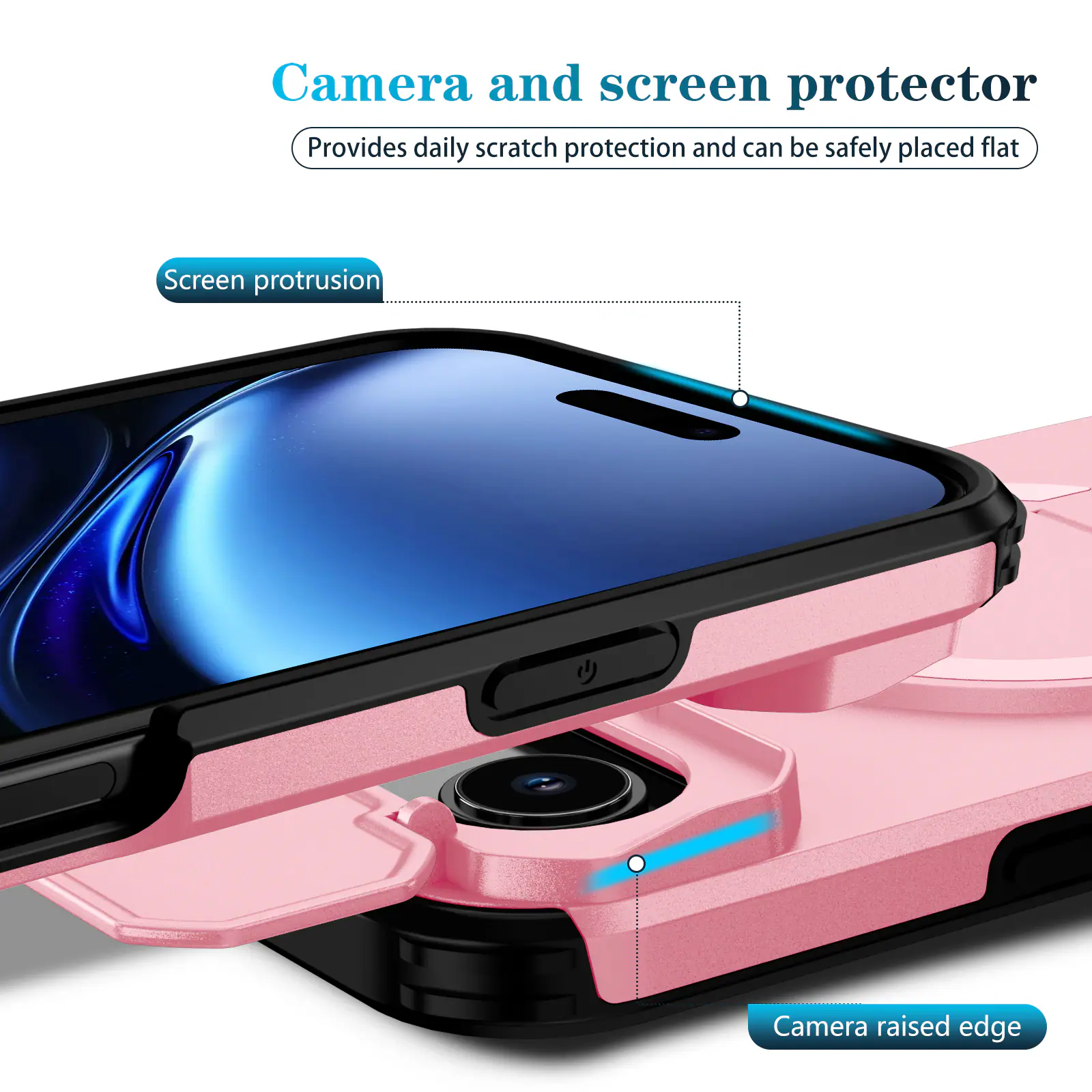 Camera and screen protector  
Provides daily scratch protection and can be safely placed flat  
Screen protrusion  
Camera raised edge