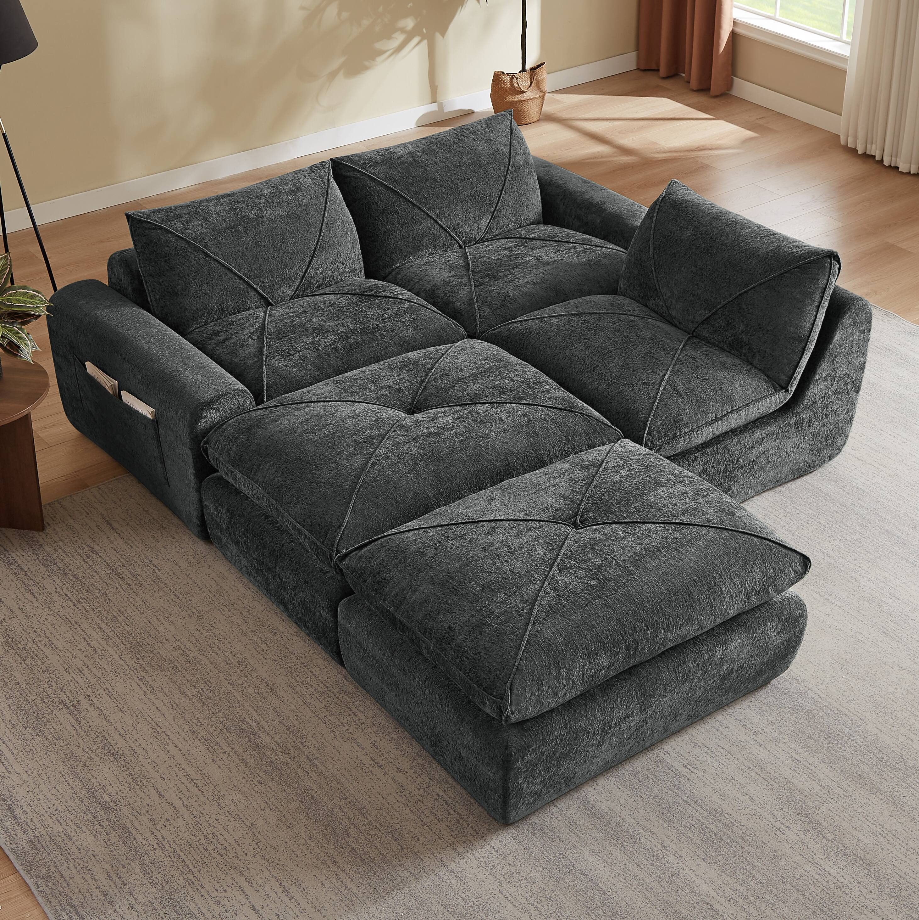 Alt View 1. Loheer - Loheer Chenille Sectional Sofa Modern Minimalist Couch with Ottoman for Living Room - Dark Gray.