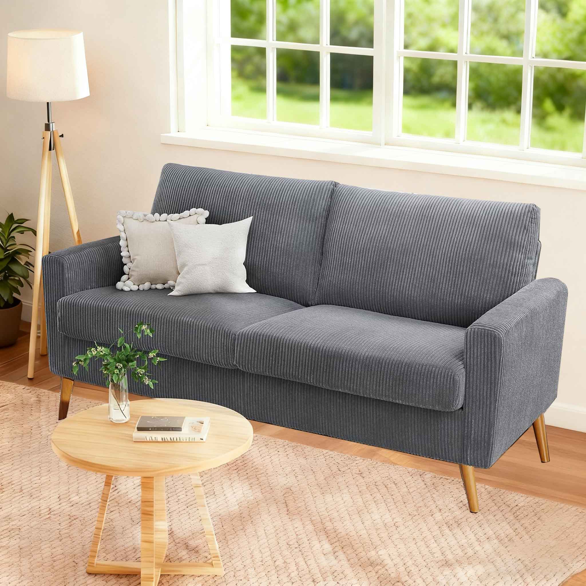 Vipbear - 68" Sofa Couch Comfy Loveseat with Spring Cushion Solid Wood Grey+corduroy - Gray