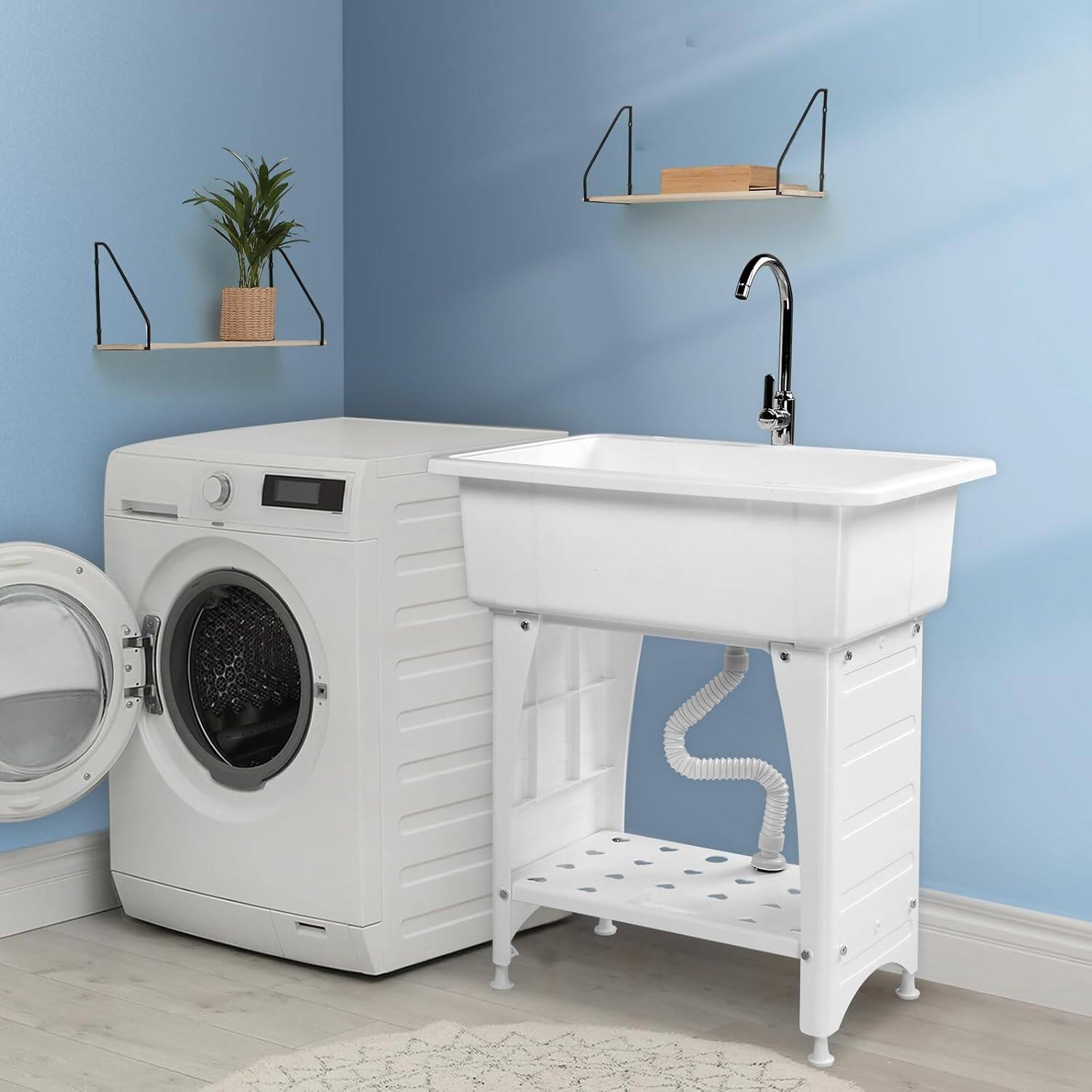 Alt View 5. Winado - Freestanding Utility Sink with Dual Temperature Faucet & Bottom Storage Shelf for Laundry Room, Garage Workshop Cleaning - White.