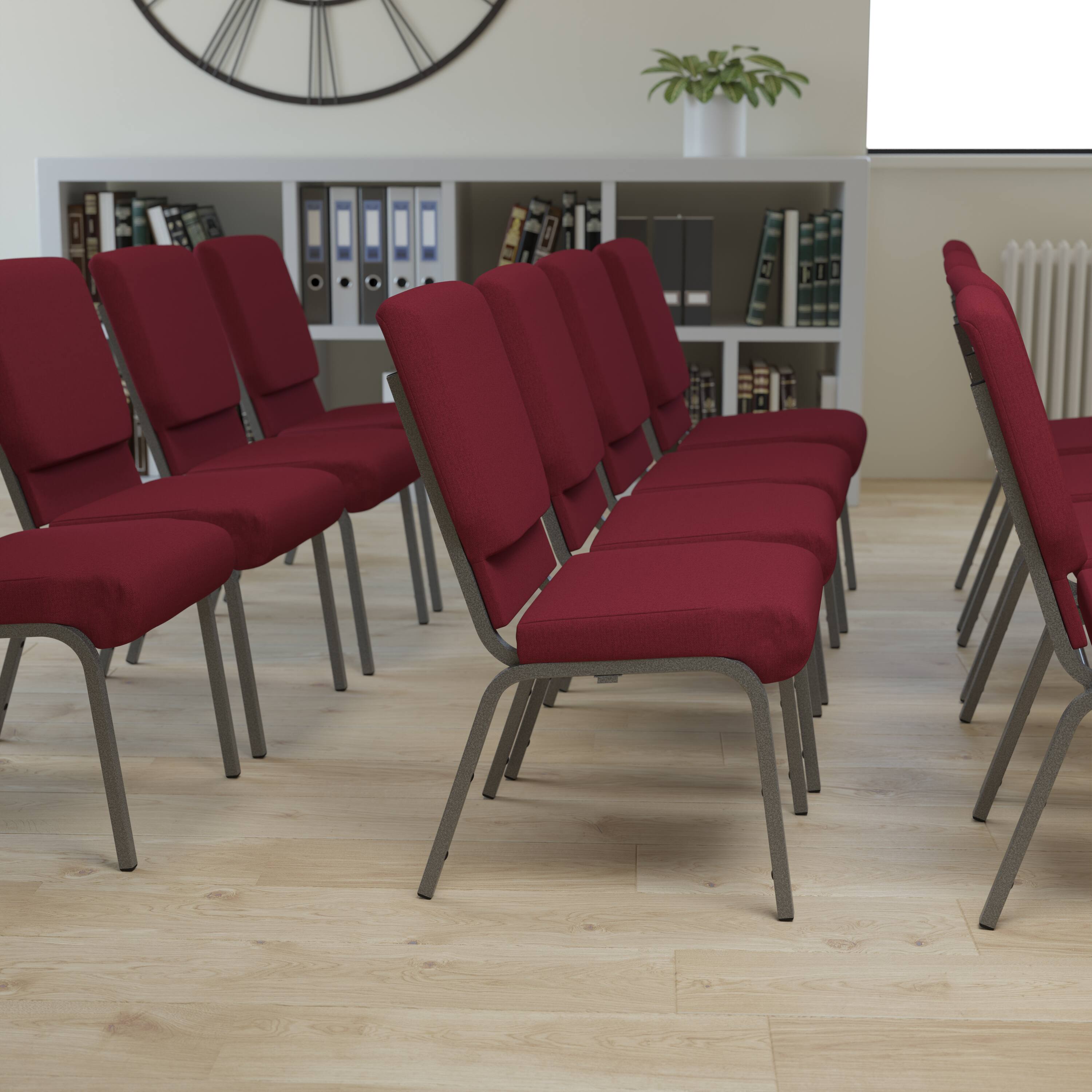 Alt View 1. Emma + Oliver - 4 Pack 18.5''W Stacking Church Chair - Burgundy Fabric/Silver Vein Frame.