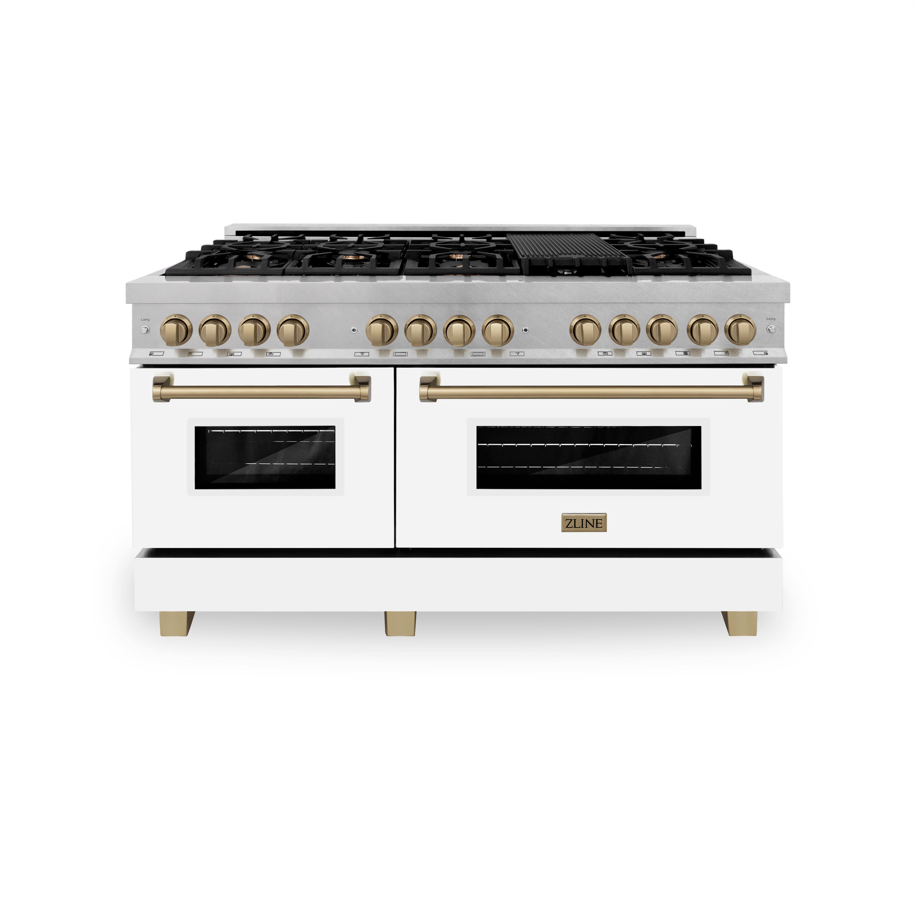 Front. ZLINE - ZLINE Autograph 60 in. Legacy Dual Fuel Range in Satin Steel w/ White & Bronze Accents (RASZ-WM-60-CB) - Stainless steel.