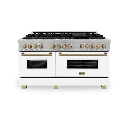 Front. ZLINE - ZLINE Autograph 60 in. Legacy Dual Fuel Range in Satin Steel w/ White & Bronze Accents (RASZ-WM-60-CB) - Stainless steel.