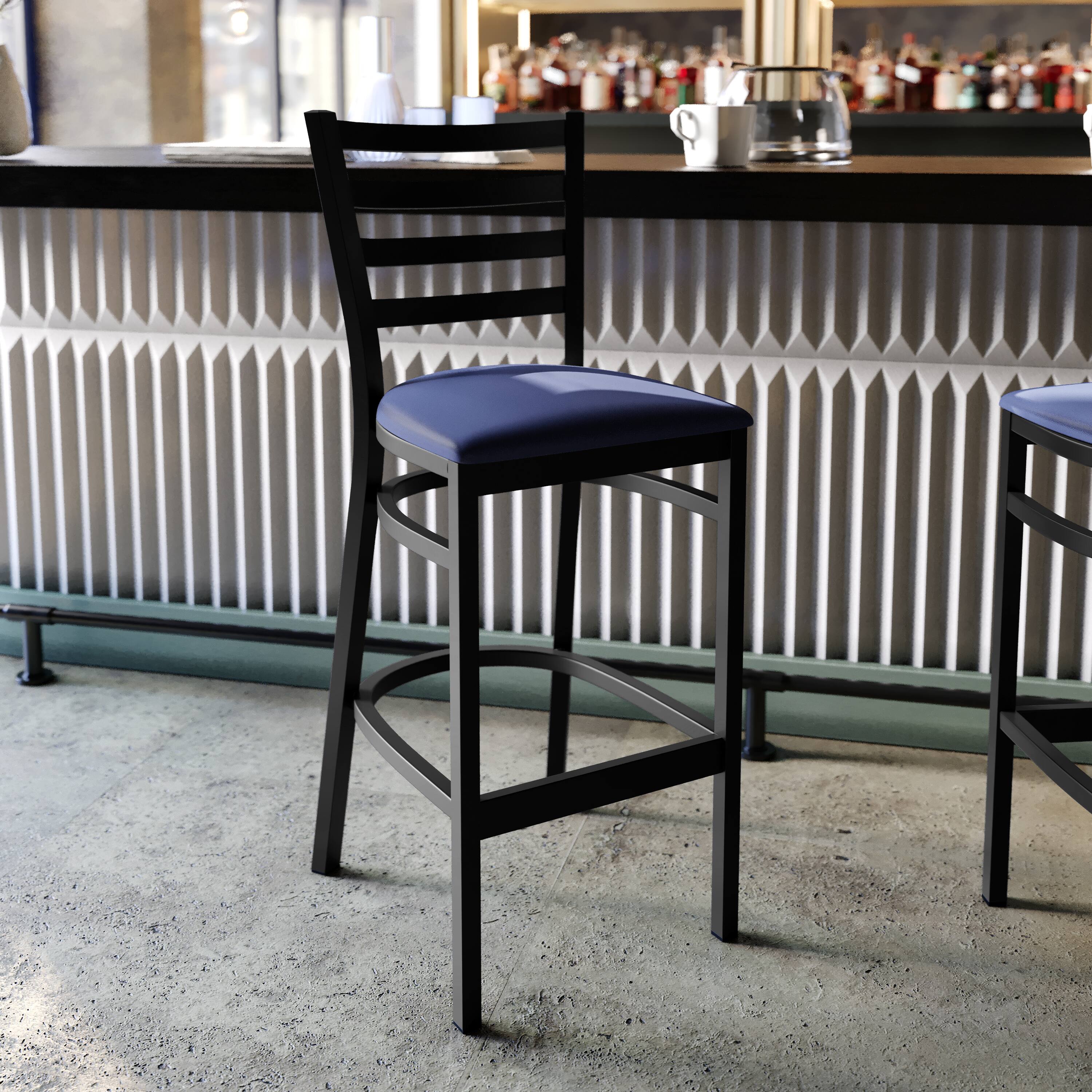 Alt View 1. Flash Furniture - HERCULES Black Ladder Back Metal Restaurant Barstool - Blue Vinyl Seat - Blue.