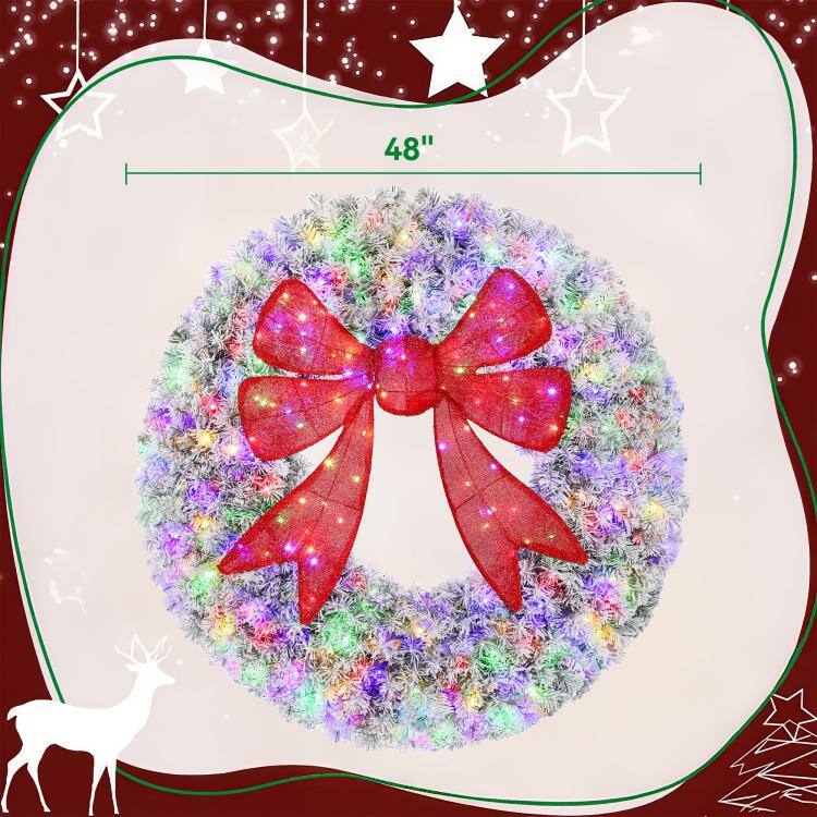 Alt View 3. PULUZ - 48in Flocked Pre-Lit Christmas Wreath with 3D Red Bow, 11 Lighting Modes, Front Door Christmas Wreath with Remote - Green.