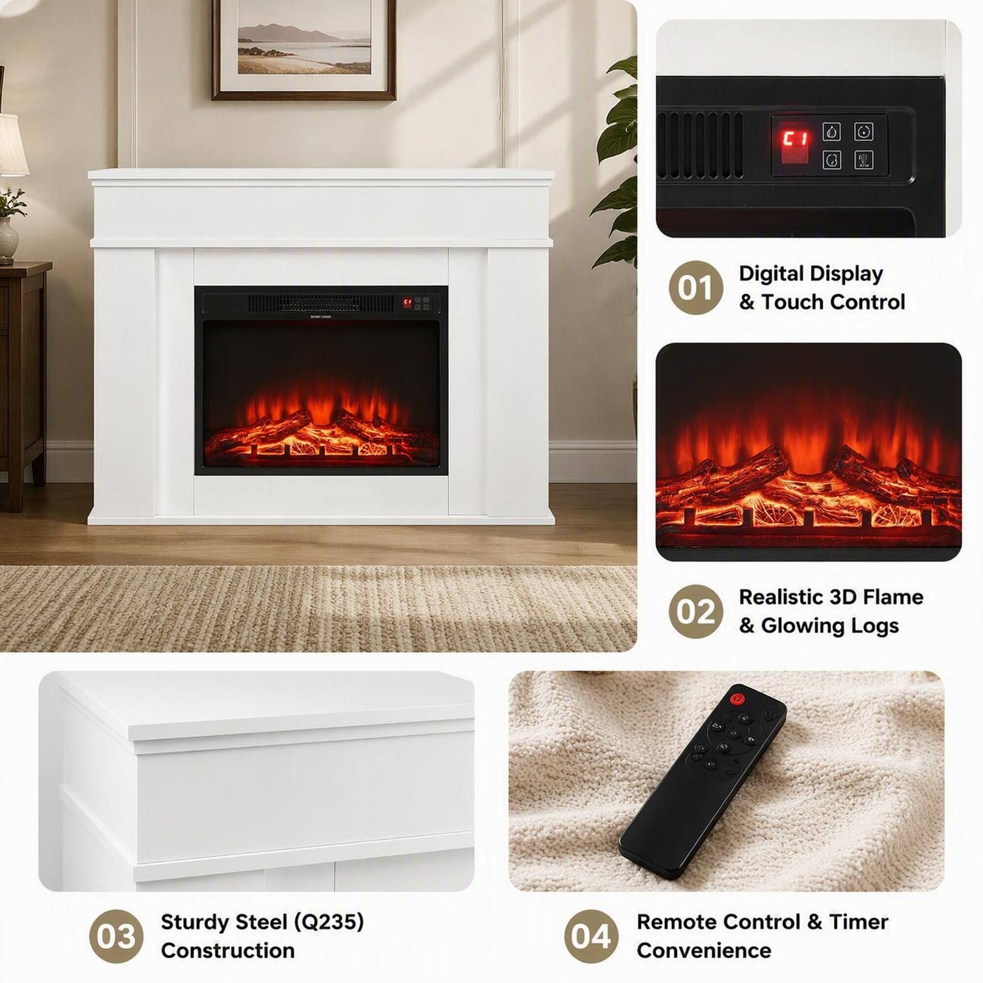 Digital Display 01 & Touch Control  
Realistic 3D Flame 02 & Glowing Logs  
Sturdy Steel (Q235) 03 Construction  
Remote Control & Timer 04 Convenience