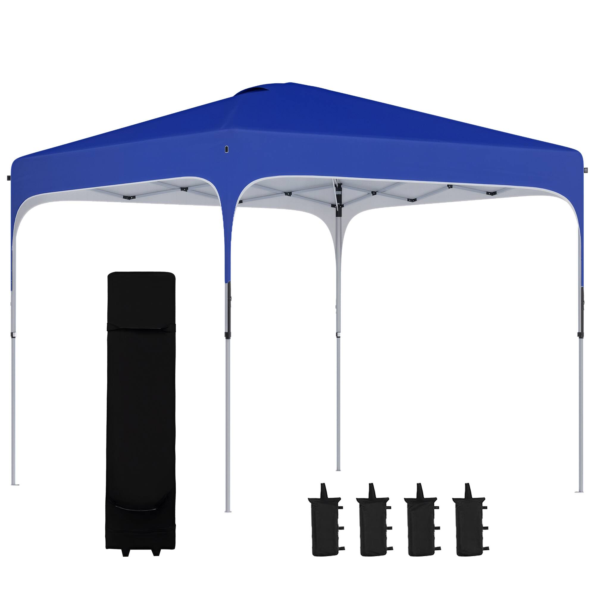 Front. Outsunny - 8' x 8' Pop Up Canopy Tent with Wheeled Carry Bag and 4 Sand Bags, Instant Sun Shelter, Tents for Parties - Blue.