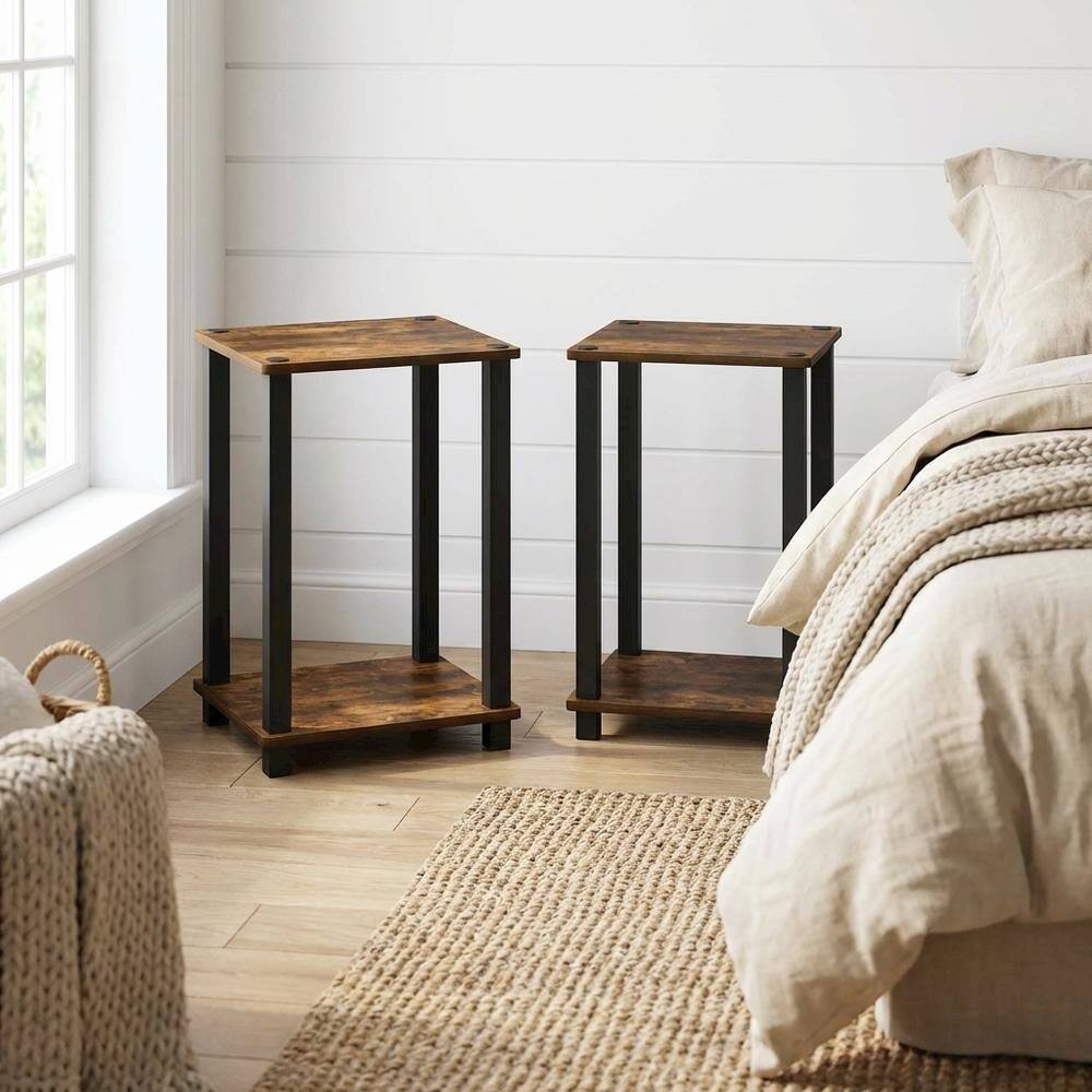 Angle. FurniFact - Amber Pine and Black Nightstands with Modern Design – Set of 2 - Amber Pine/Black.