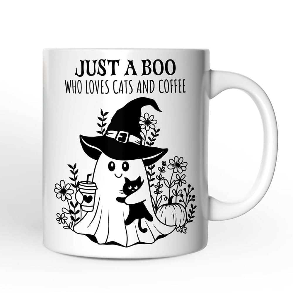 OrnamentallyYou - Cute Ghost with Black Cat Mug, Cat and Coffee Lover Halloween Gift - White