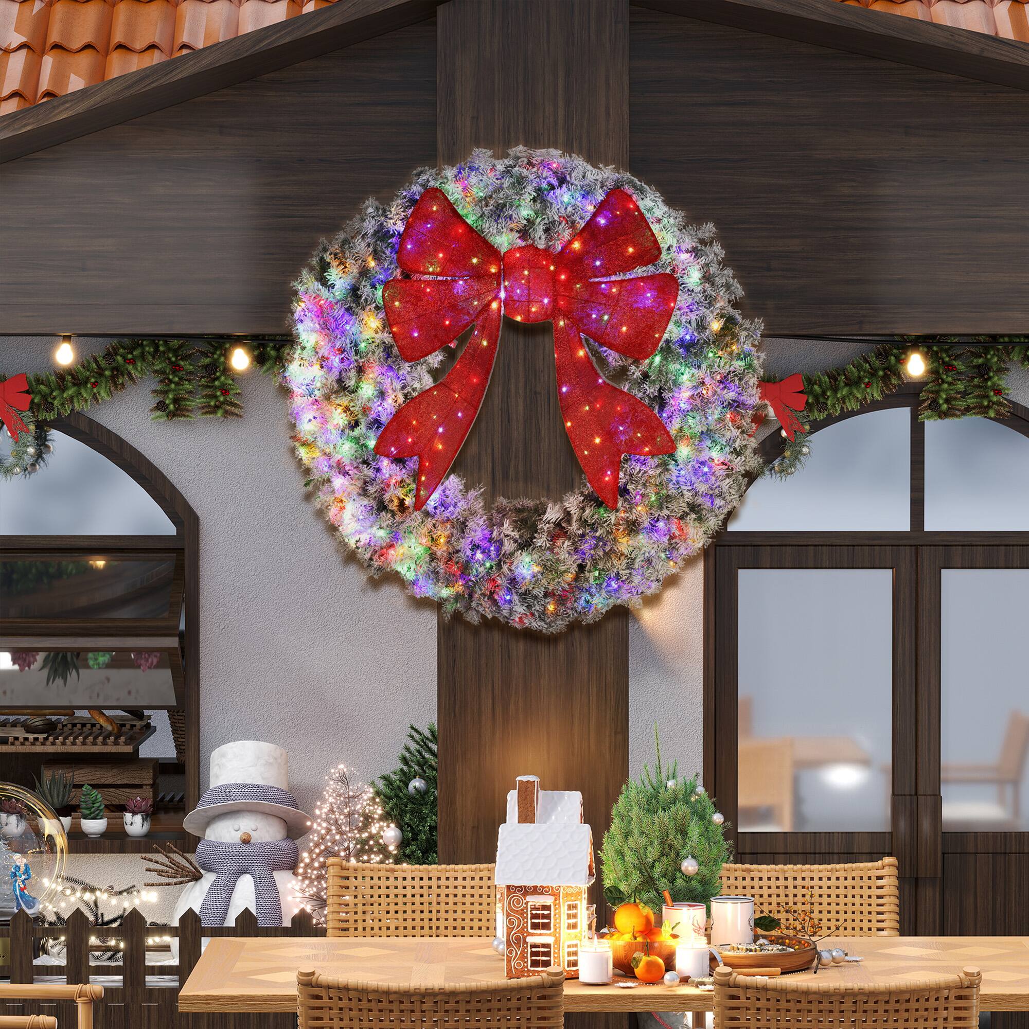 Alt View 7. Homcom - 60in Pre-Lit Flocked Xmas Wreath, 3D Red Bow, 300 LEDs, 11 Modes, Remote, 996 Tips, Indoor Outdoor - Green.