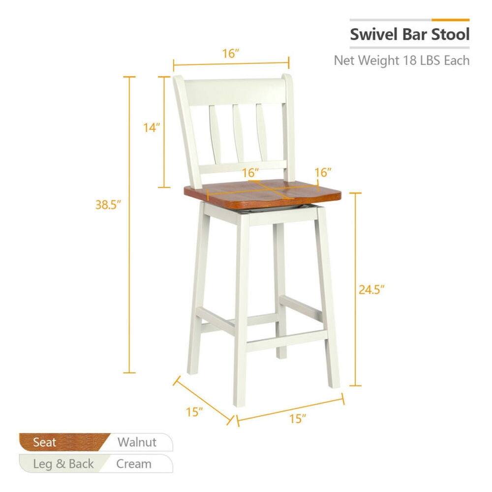 16" Swivel Bar Stool  
Net Weight 18 LBS Each  
Seat: Walnut  
Leg & Back: Cream  
Dimensions:  
- Seat: 16" W x 16" D  
- Back: 14" H  
- Overall Height: 38.5"  
- Seat Height: 24.5"  
- Base: 15" W x 15" D