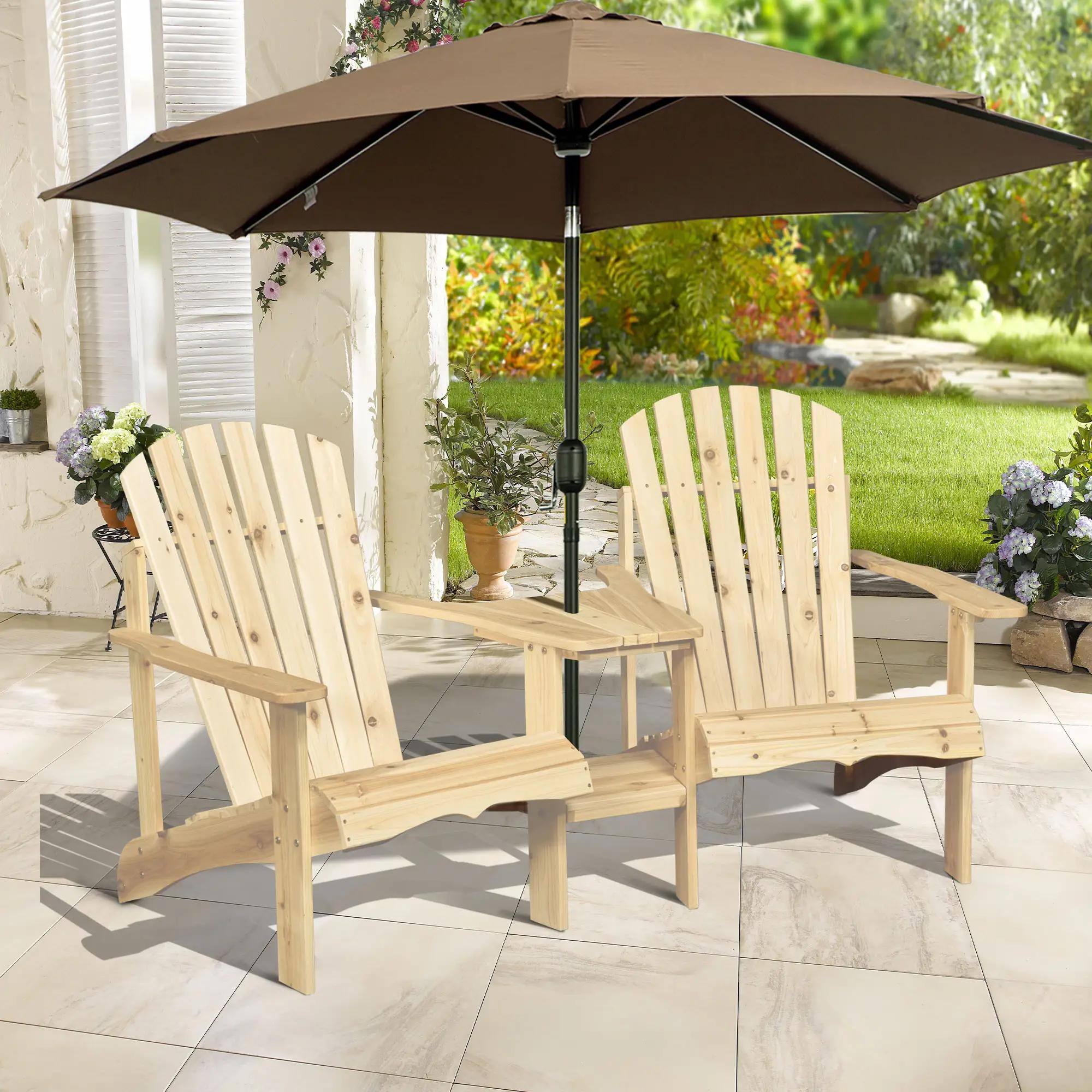 Left. Resenkos - Resenkos Fire Pit Seating, 2 Wooden Adirondack Chairs with Outdoor Table & Umbrella Hole, Natural Wood Color - Natural Wood Color.