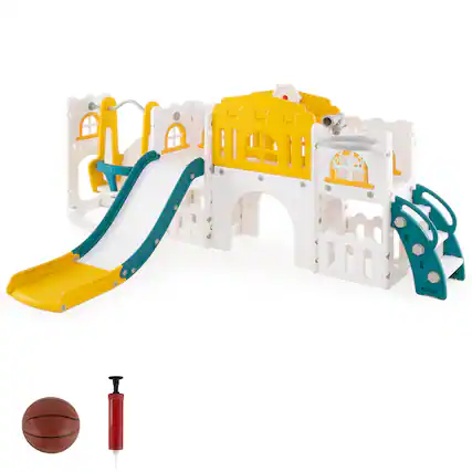 Front. Gymax - Gymax 10 in 1 Toddler Swing & Slide Set w/Basketball Hoop Telescope Storage Space - Yellow.