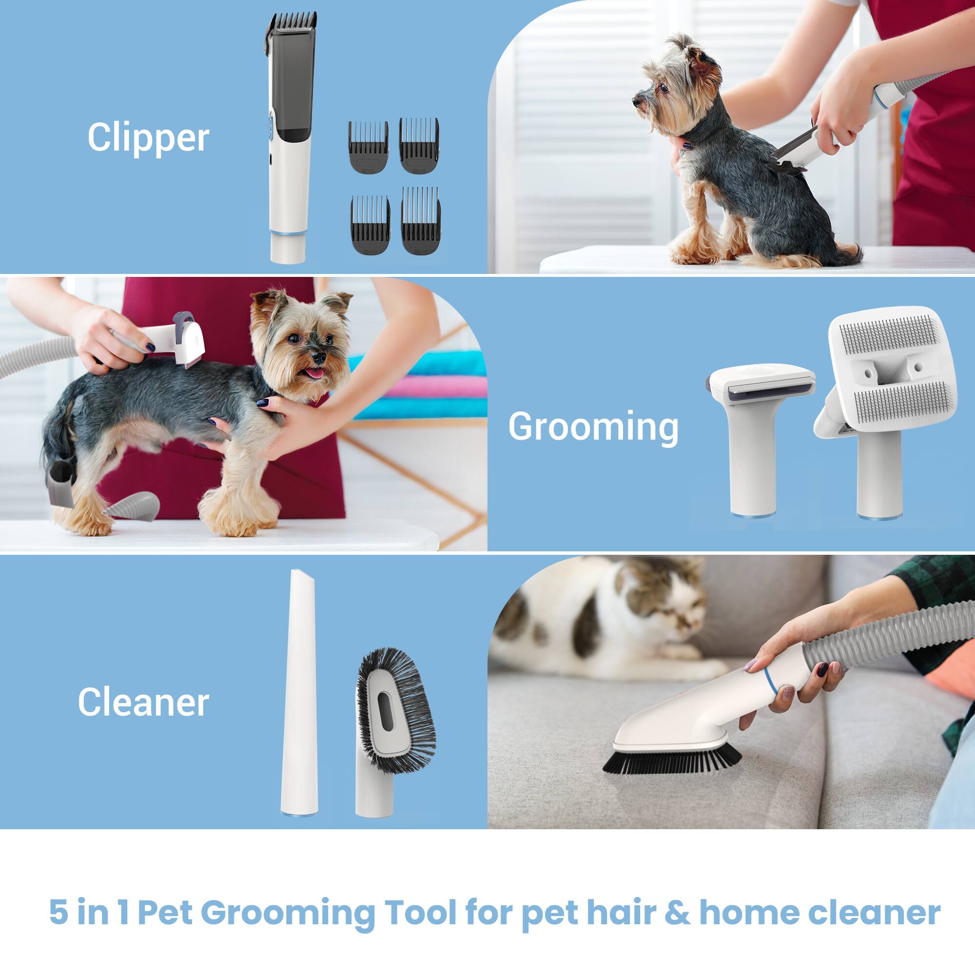 Clipper, Grooming, Cleaner, 5 in 1 Pet Grooming Tool for pet hair & home cleaner