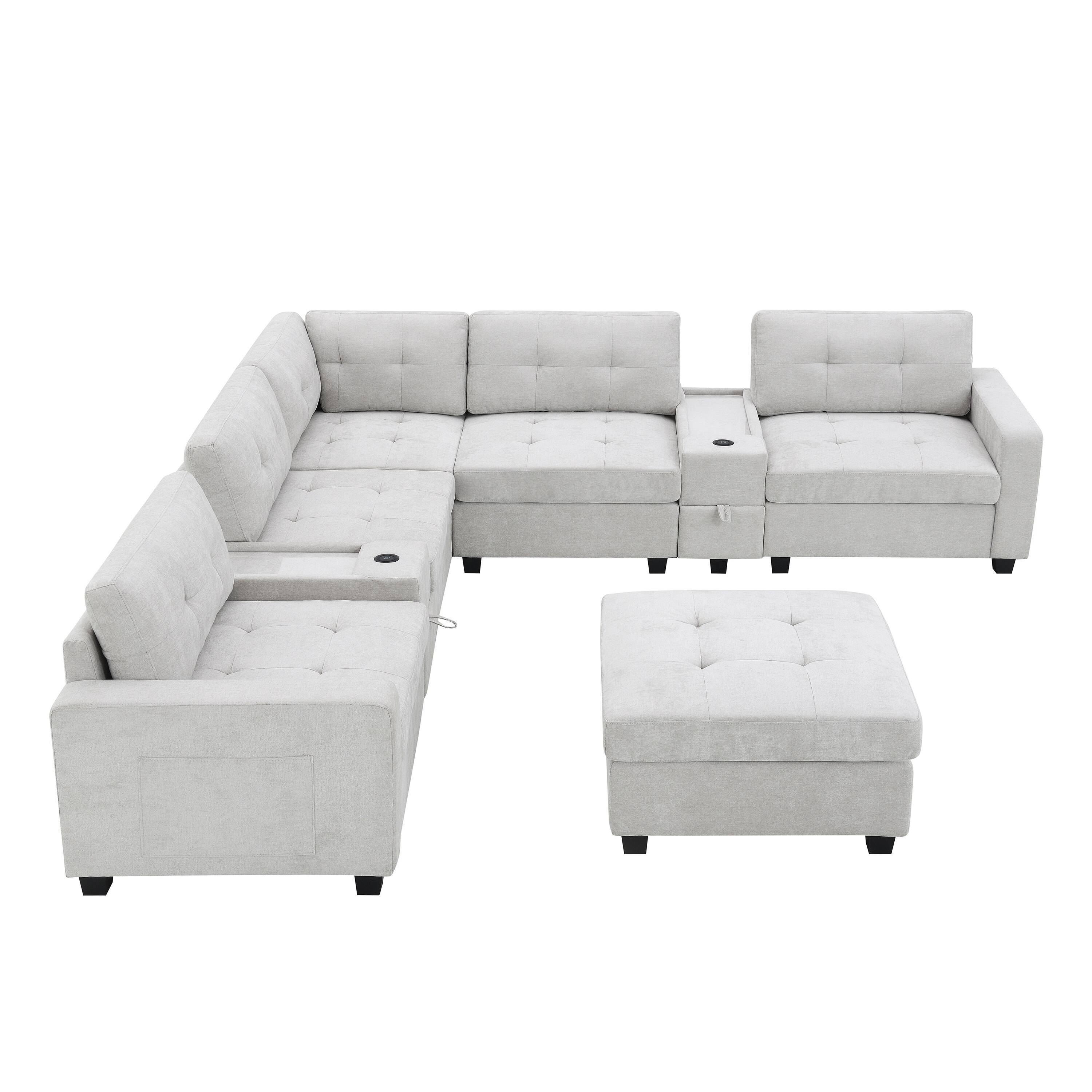 Back. Whisen - 104" Chenille L-Shaped Sectional Sofa with Movable Ottoman for Living Room - Light Gray.