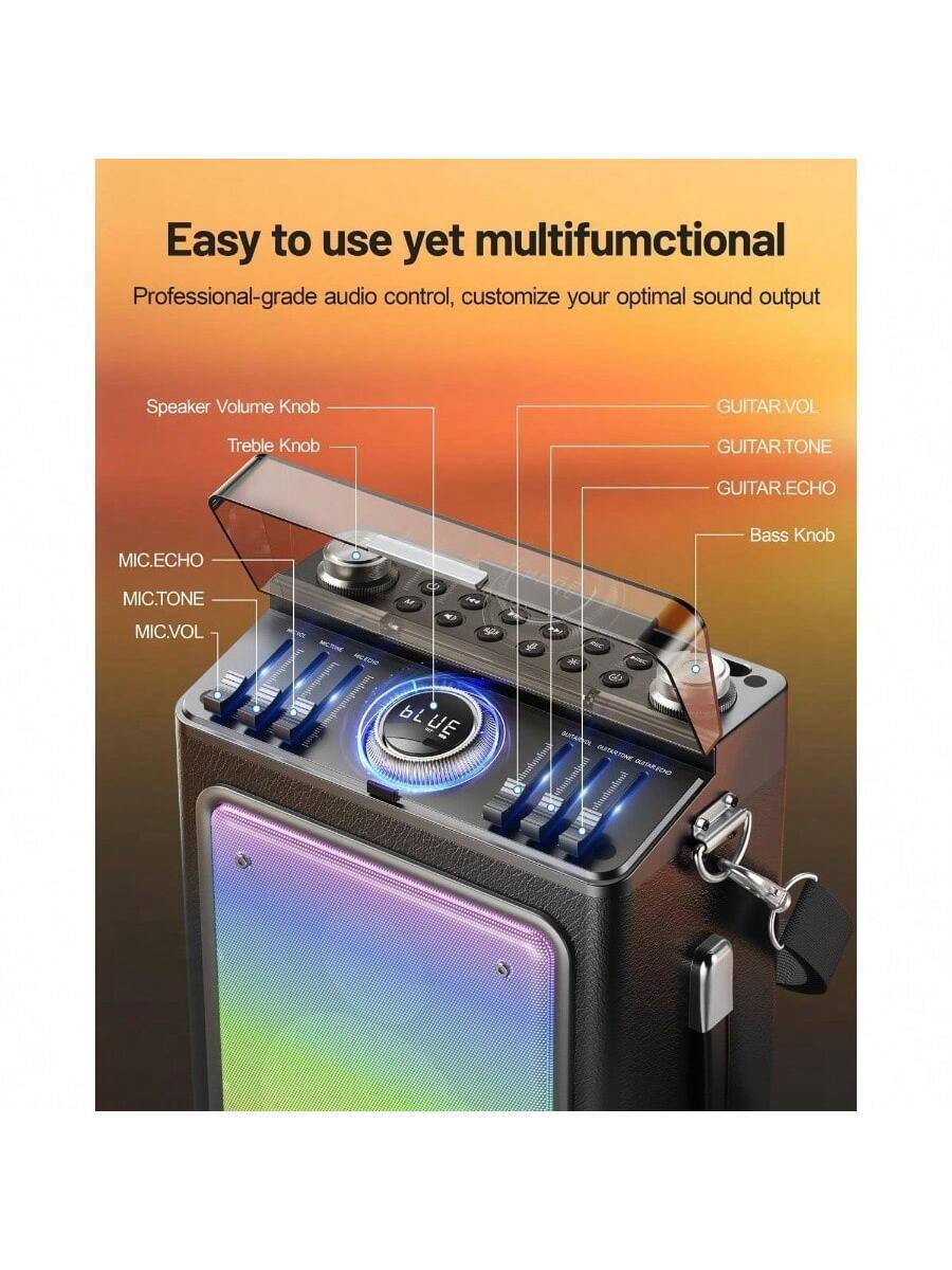 Easy to use yet multifunctional  
Professional-grade audio control, customize your optimal sound output  

- Speaker Volume Knob  
- Treble Knob  
- MIC.ECHO  
- MIC.TONE  
- MIC.VOL  
- GUITAR.VOL  
- GUITAR.TONE  
- GUITAR.ECHO  
- Bass Knob