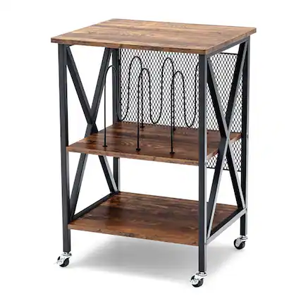 Front. Kadyn - 3 Tiers Vintage Style Rolling End Table with 3 Dividers for Albums-Brown, Nightstand Small Side Table - Brown.