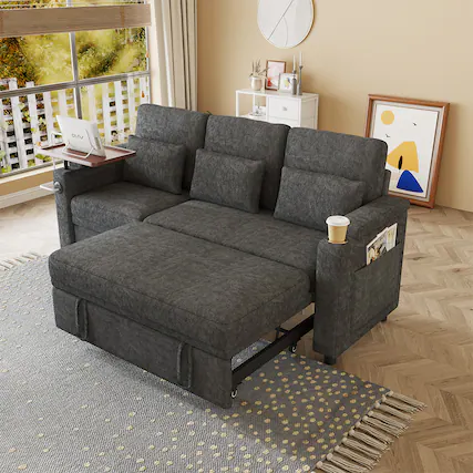 Front. Anysun - 83" Chenille Fabric Foldable Sofa Bed with Electric Recliner, Adjustable Backrest, Table Board, Armrest Storage - Dark Gray.