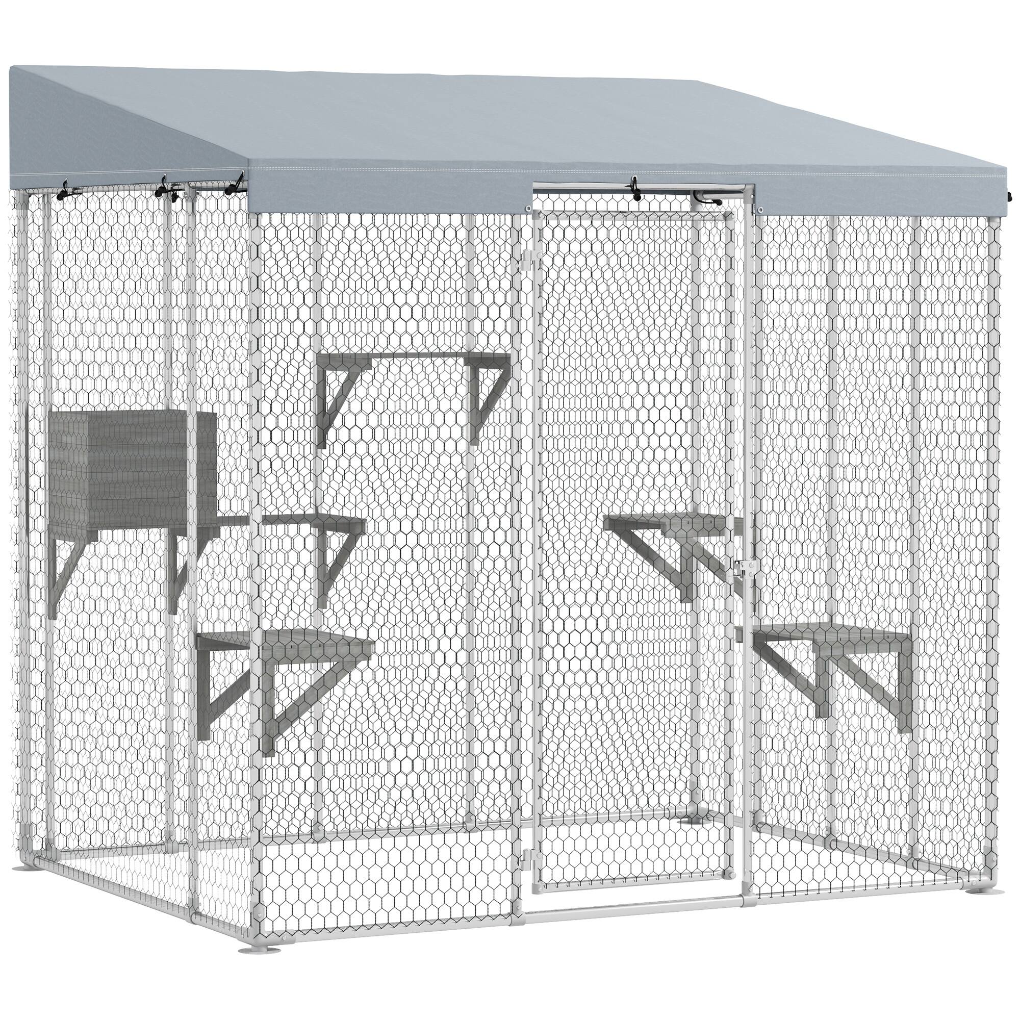 Pawhut - Galvanized Steel Large Catio with Waterproof Canopy, Sleeping Box, Jumping Platforms